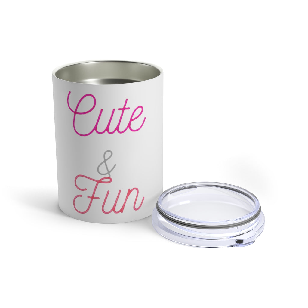 Cute and Fun Tumbler 10oz made of stainless steel with a see-thru plastic lid, showcasing its stylish design and compact size.