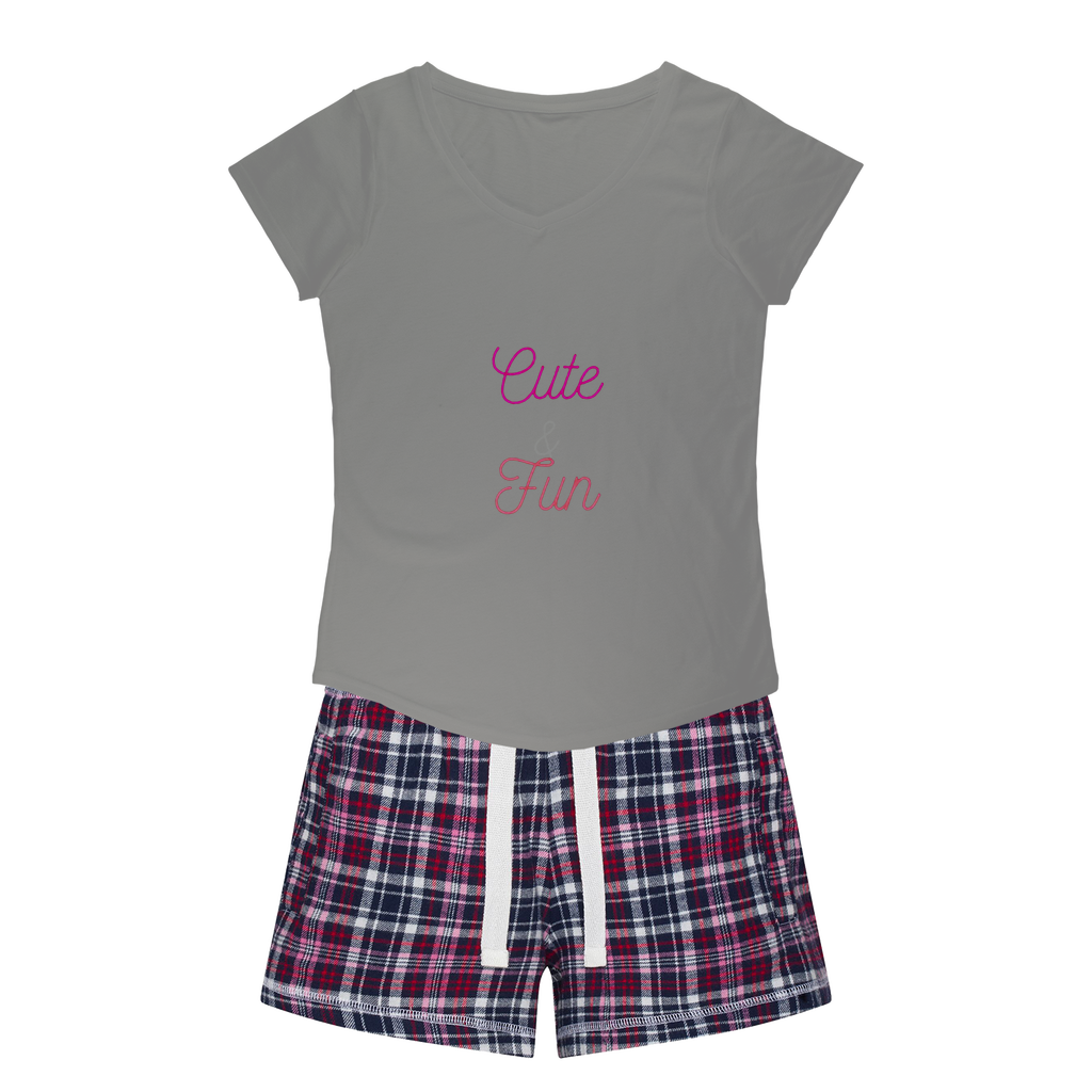 Cute and Fun Women's Sleepy Tee and Flannel Short set featuring a relaxed fit T-shirt and vibrant flannel shorts, perfect for lounging.