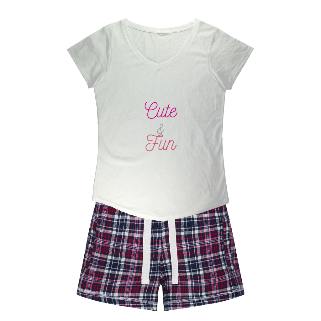 Cute and Fun Women's Sleepy Tee and Flannel Short set featuring a relaxed fit T-shirt and vibrant flannel shorts, perfect for lounging.