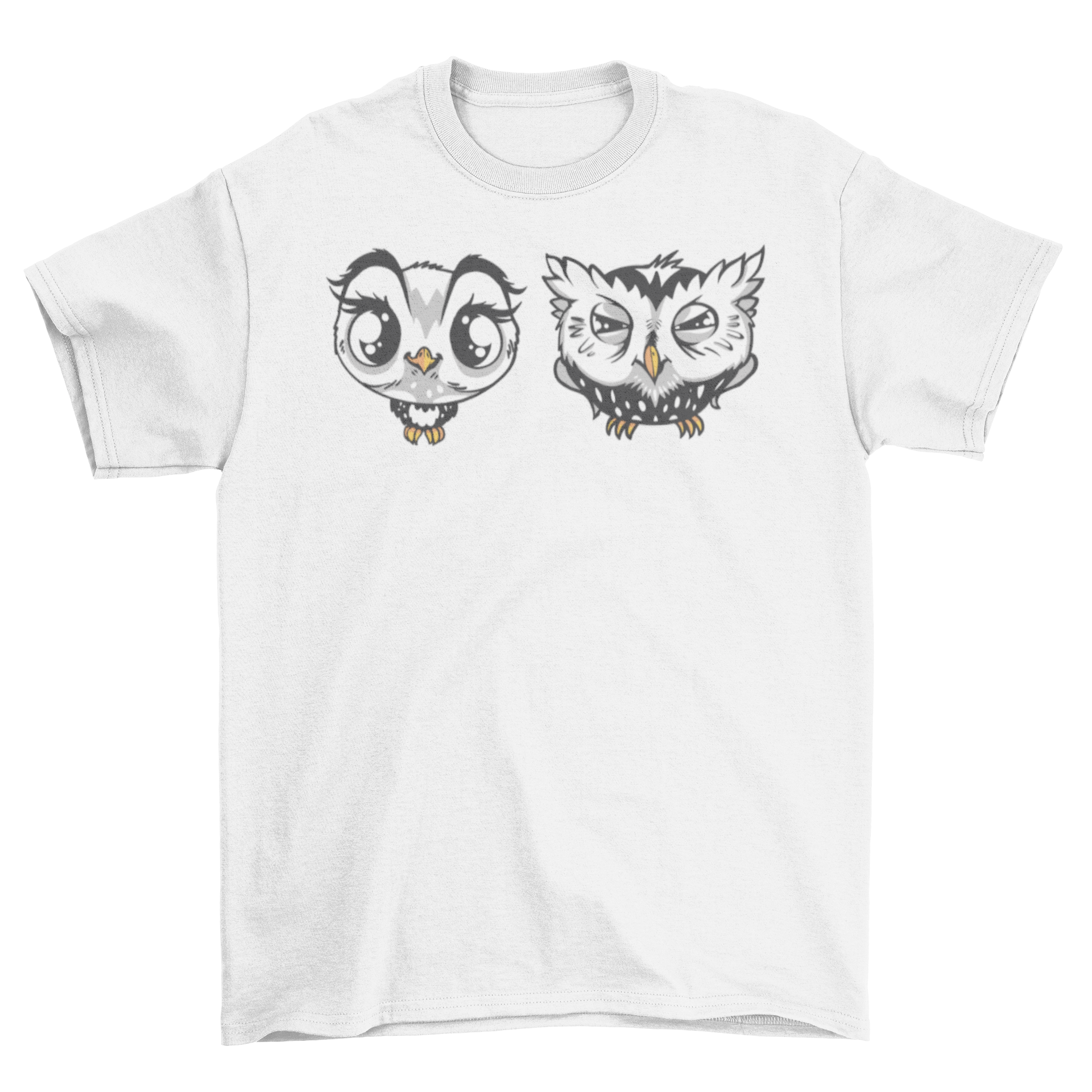 Cute and grumpy cartoon owls printed on a stylish t-shirt, showcasing a playful design.