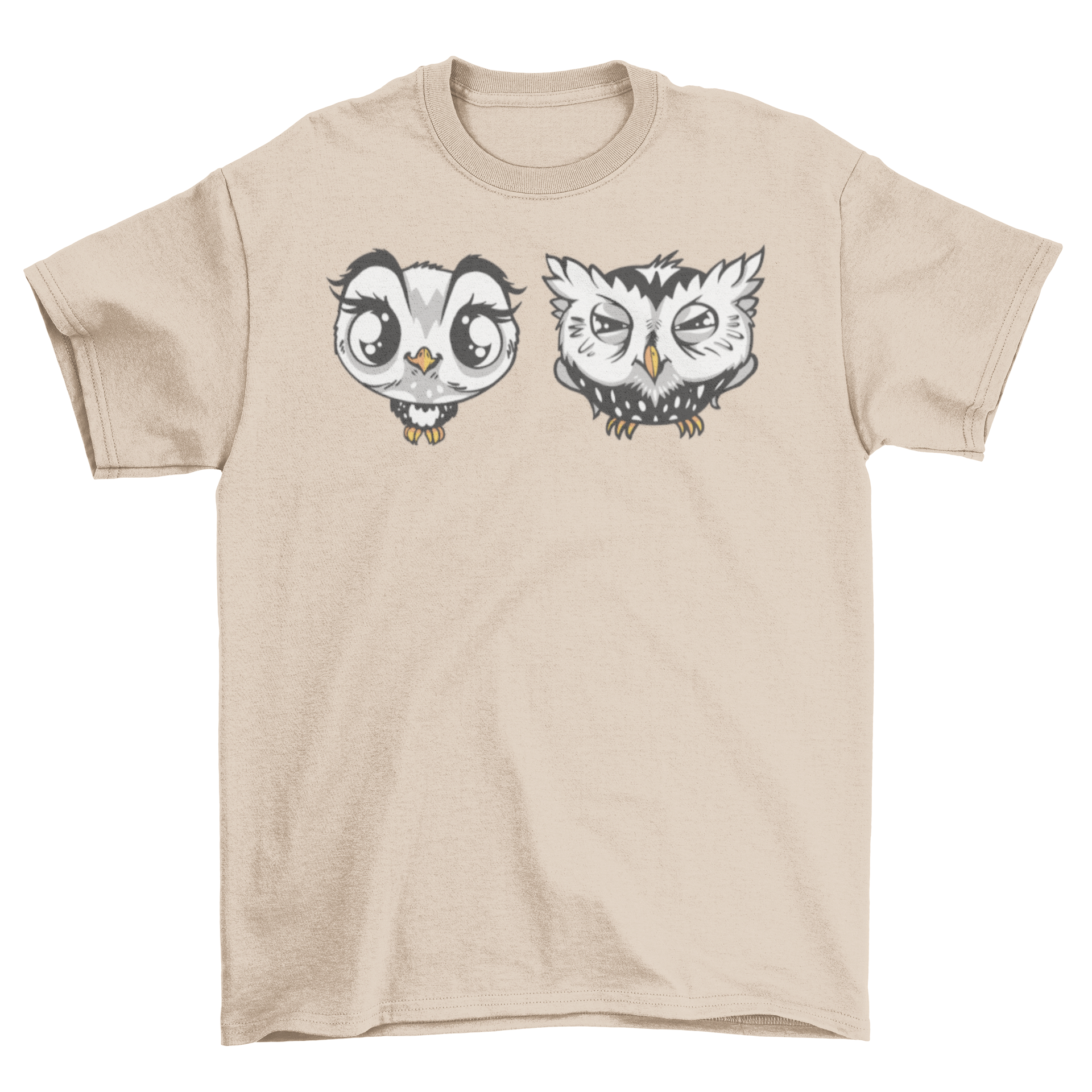 Cute and grumpy cartoon owls printed on a stylish t-shirt, showcasing a playful design.