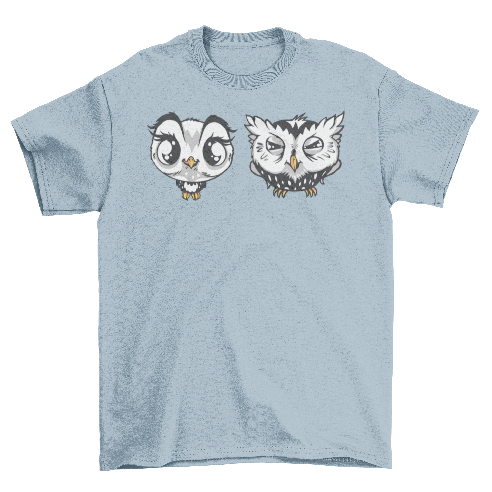 Cute and grumpy cartoon owls printed on a stylish t-shirt, showcasing a playful design.