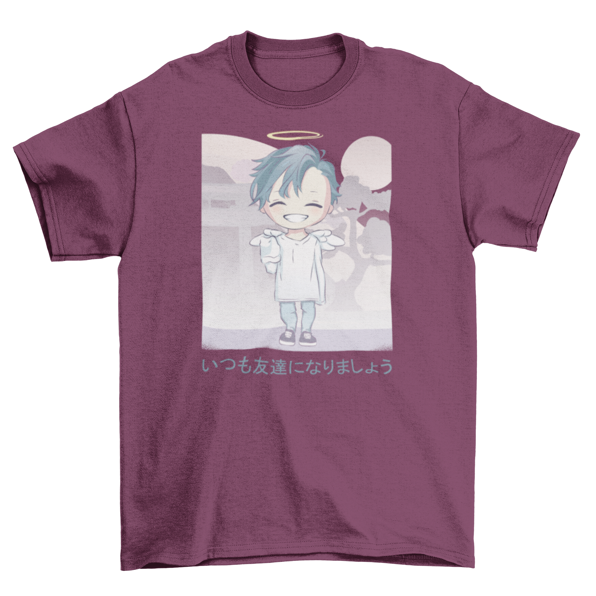 Cute angel anime t-shirt featuring an angel with wings and halo, with Japanese text saying 'let's always be friends'.