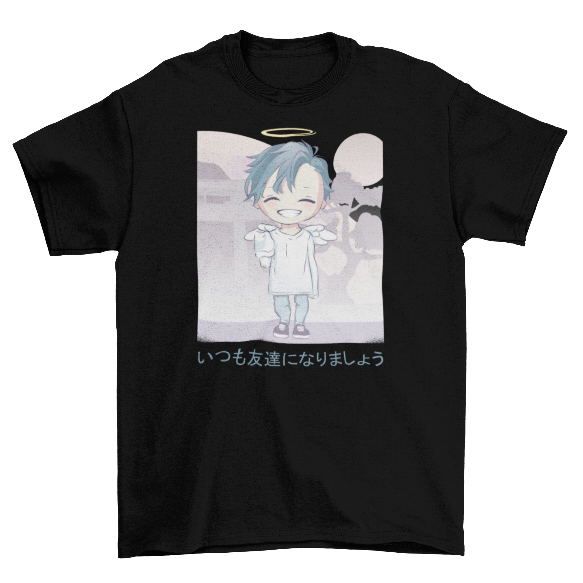 Cute angel anime t-shirt featuring an angel with wings and halo, with Japanese text saying 'let's always be friends'.