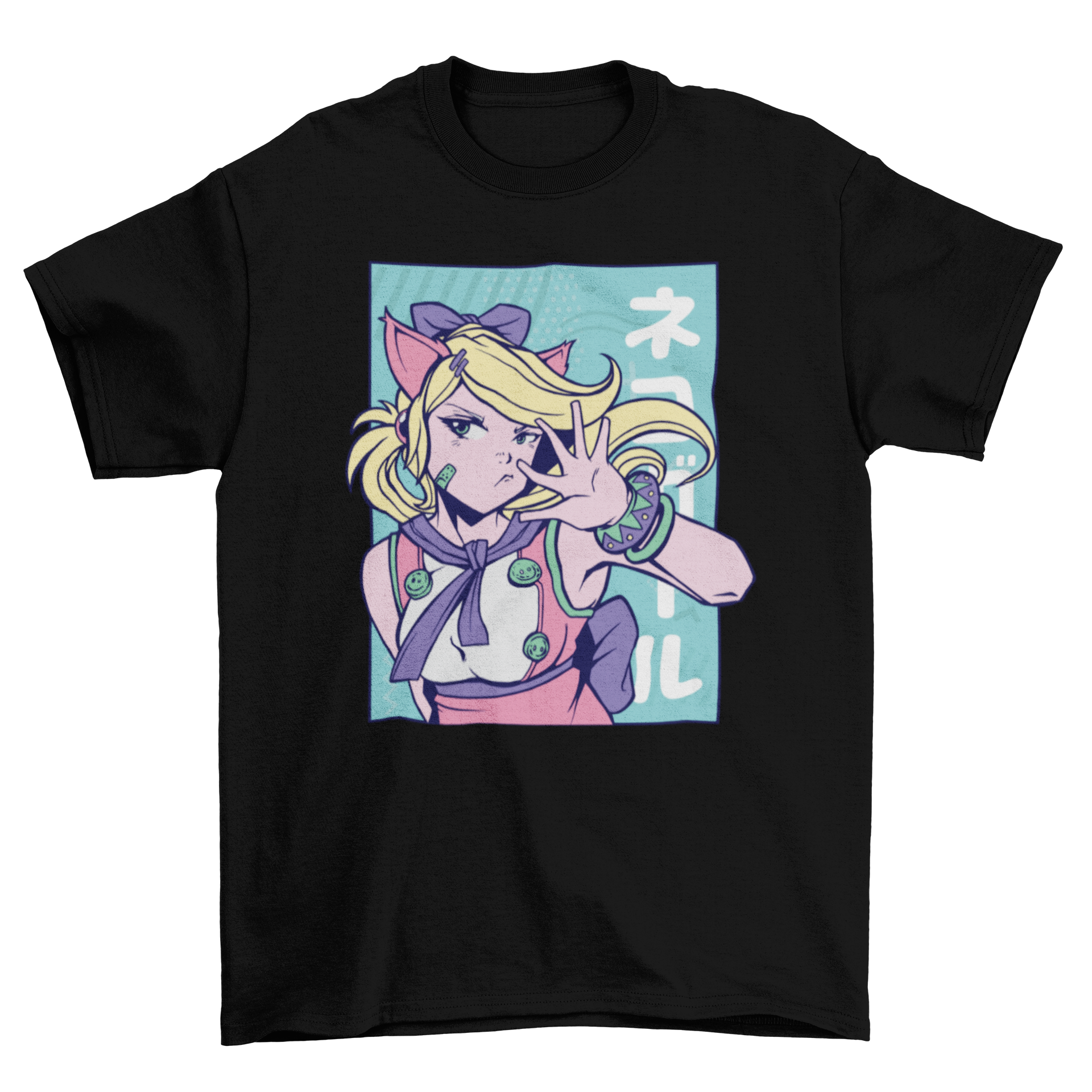 Cute anime girl t-shirt featuring cat ears design, perfect for anime fans.