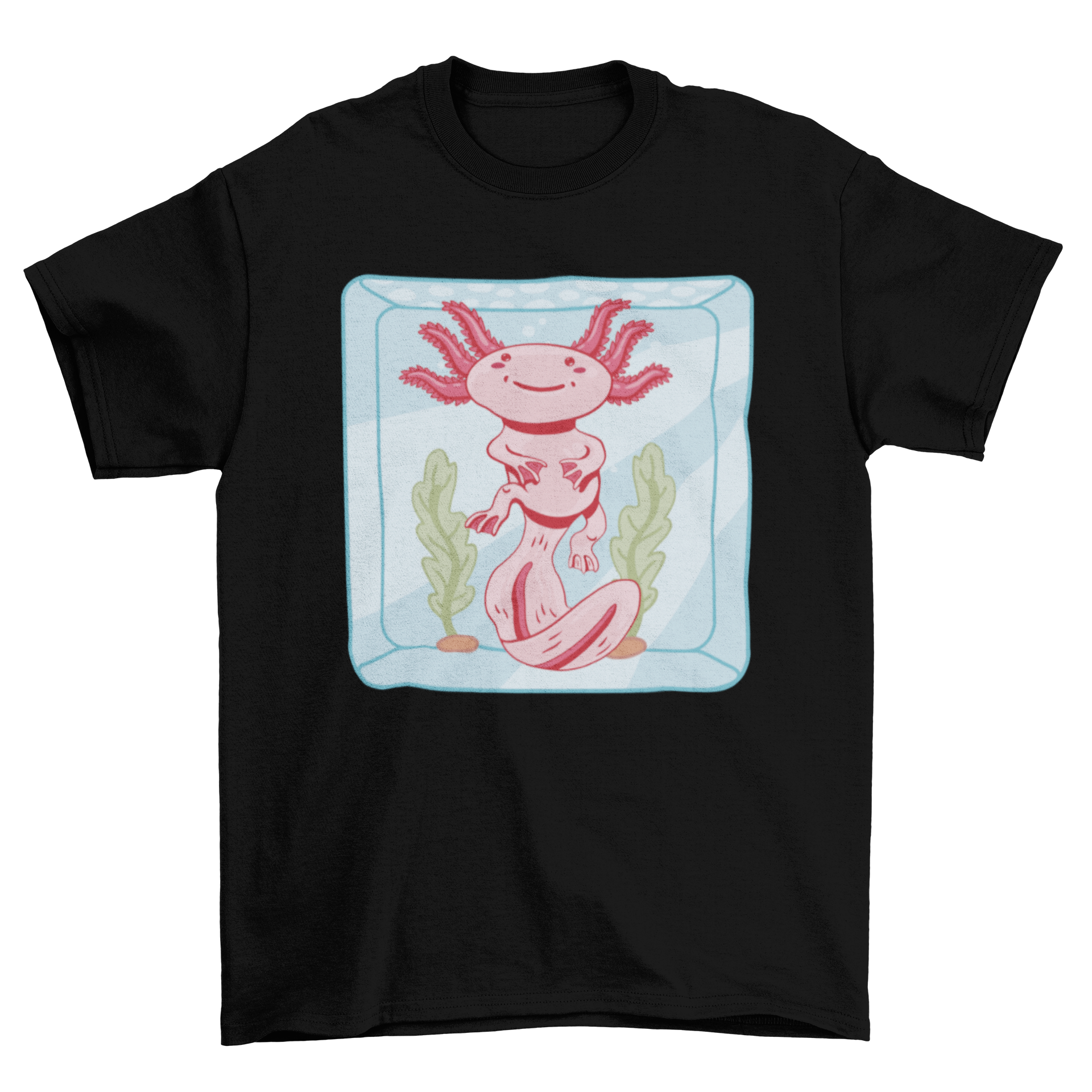 A cute t-shirt featuring an axolotl swimming inside a colorful aquarium, perfect for aquatic enthusiasts.