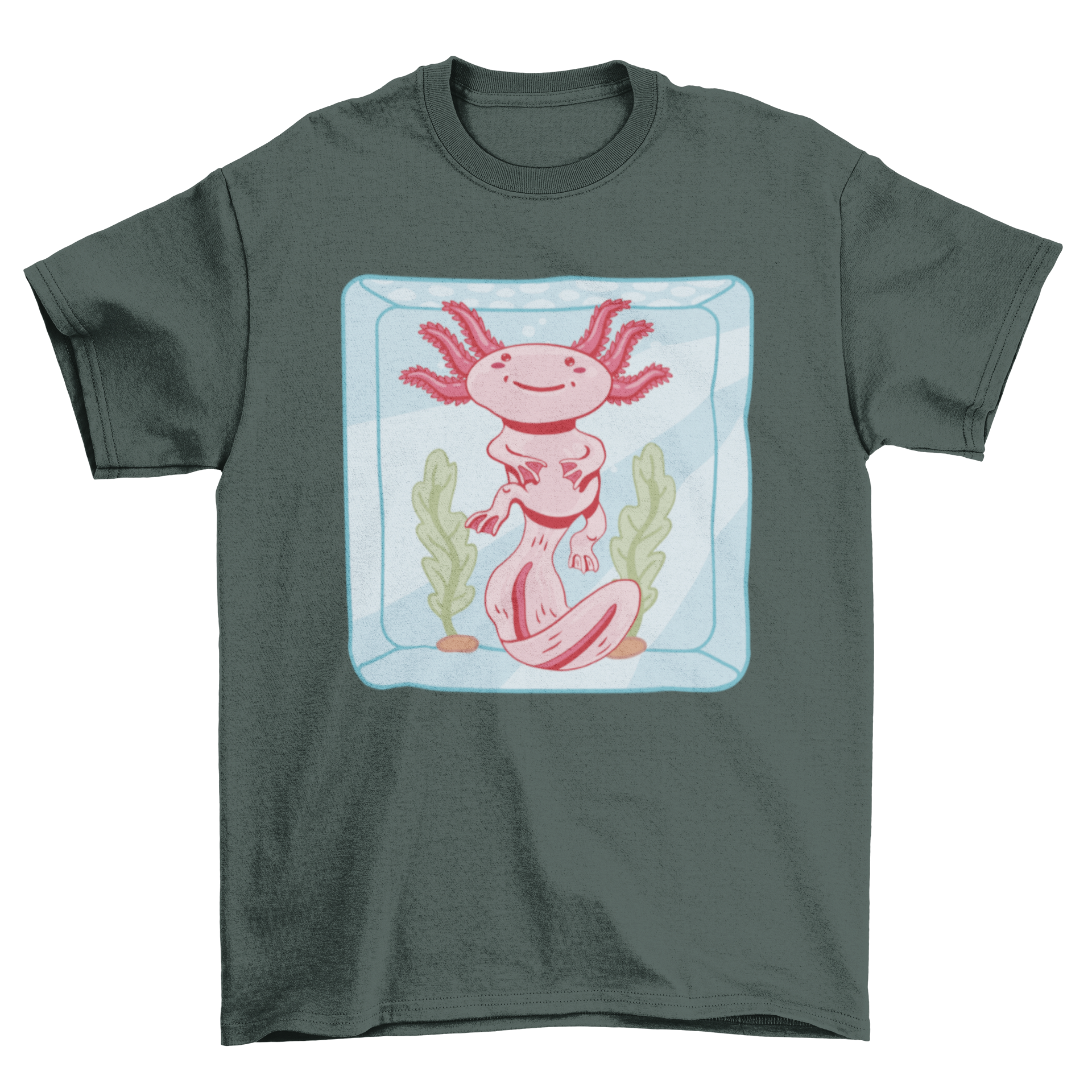 A cute t-shirt featuring an axolotl swimming inside a colorful aquarium, perfect for aquatic enthusiasts.