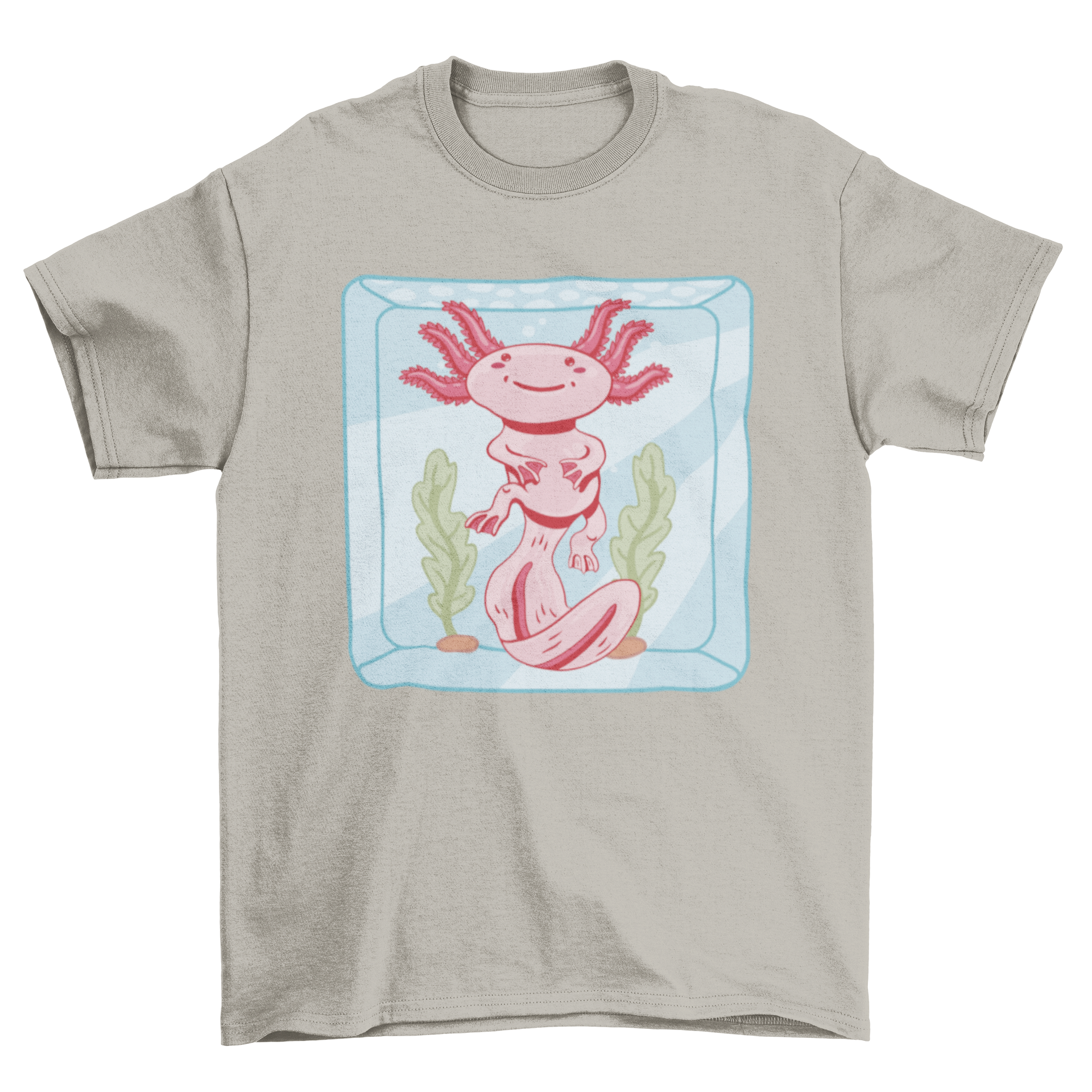 A cute t-shirt featuring an axolotl swimming inside a colorful aquarium, perfect for aquatic enthusiasts.