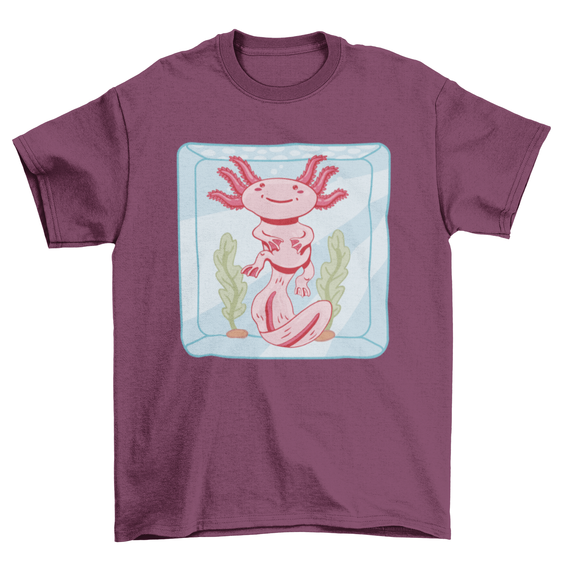 A cute t-shirt featuring an axolotl swimming inside a colorful aquarium, perfect for aquatic enthusiasts.