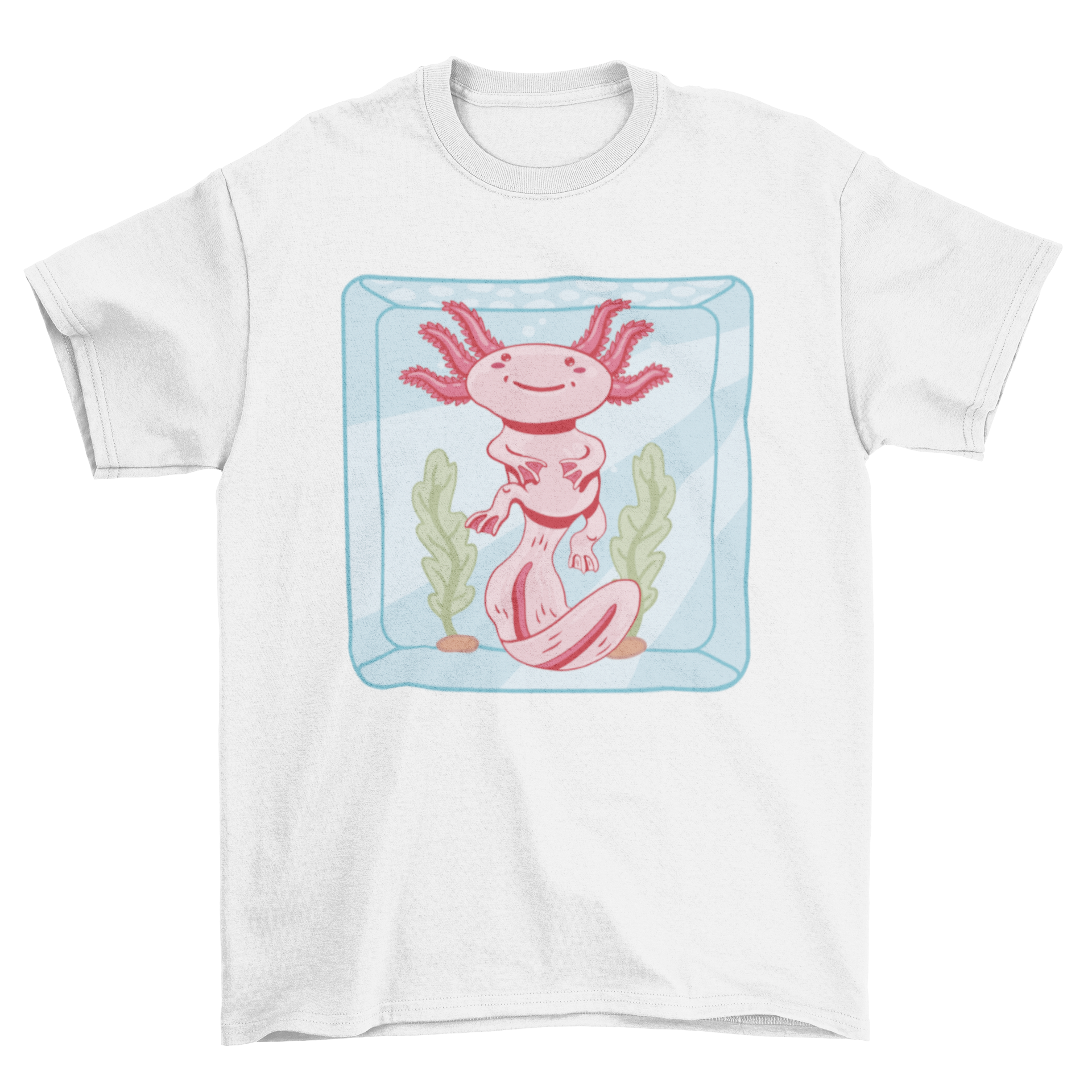 A cute t-shirt featuring an axolotl swimming inside a colorful aquarium, perfect for aquatic enthusiasts.