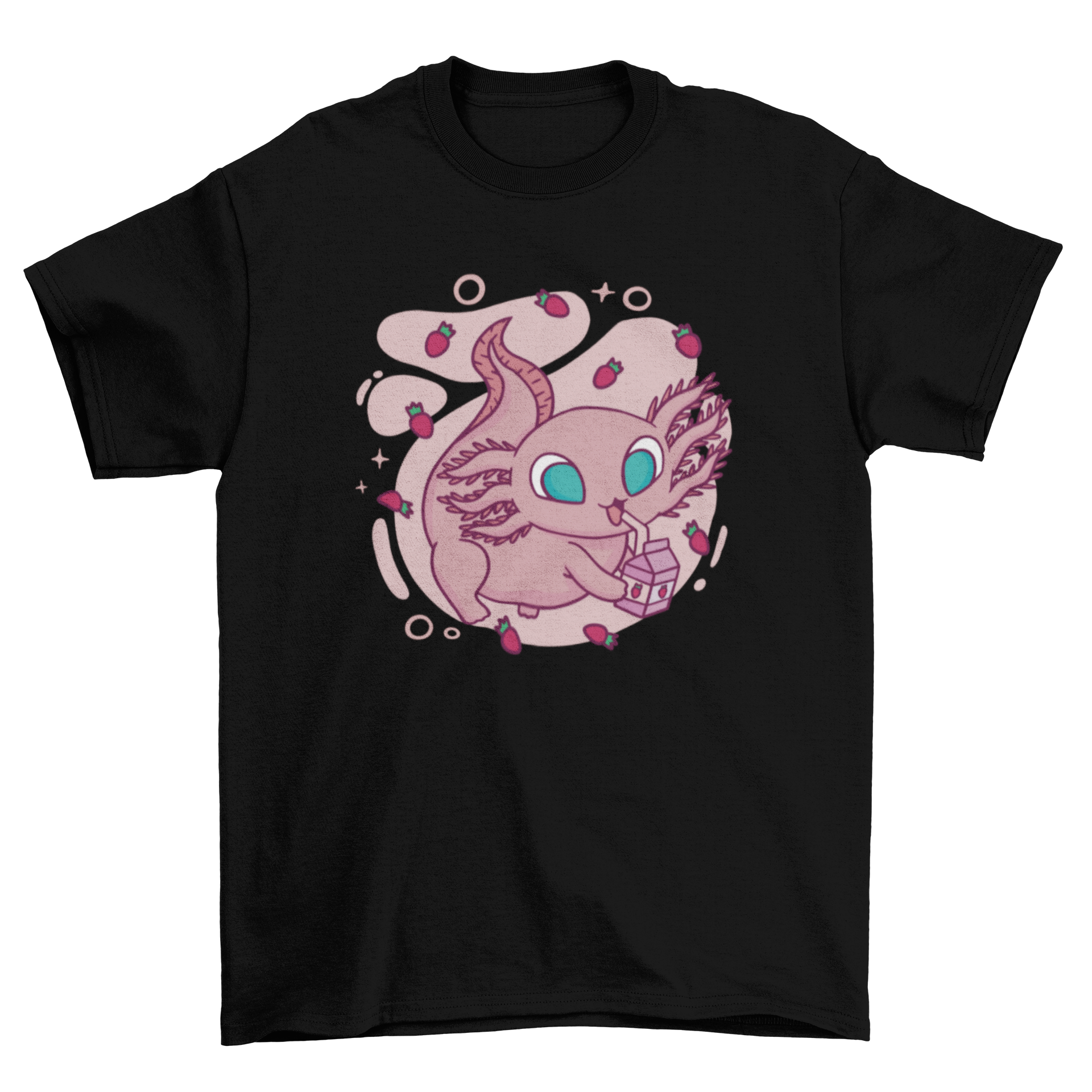 Cute axolotl character drinking strawberry milk on a t-shirt.