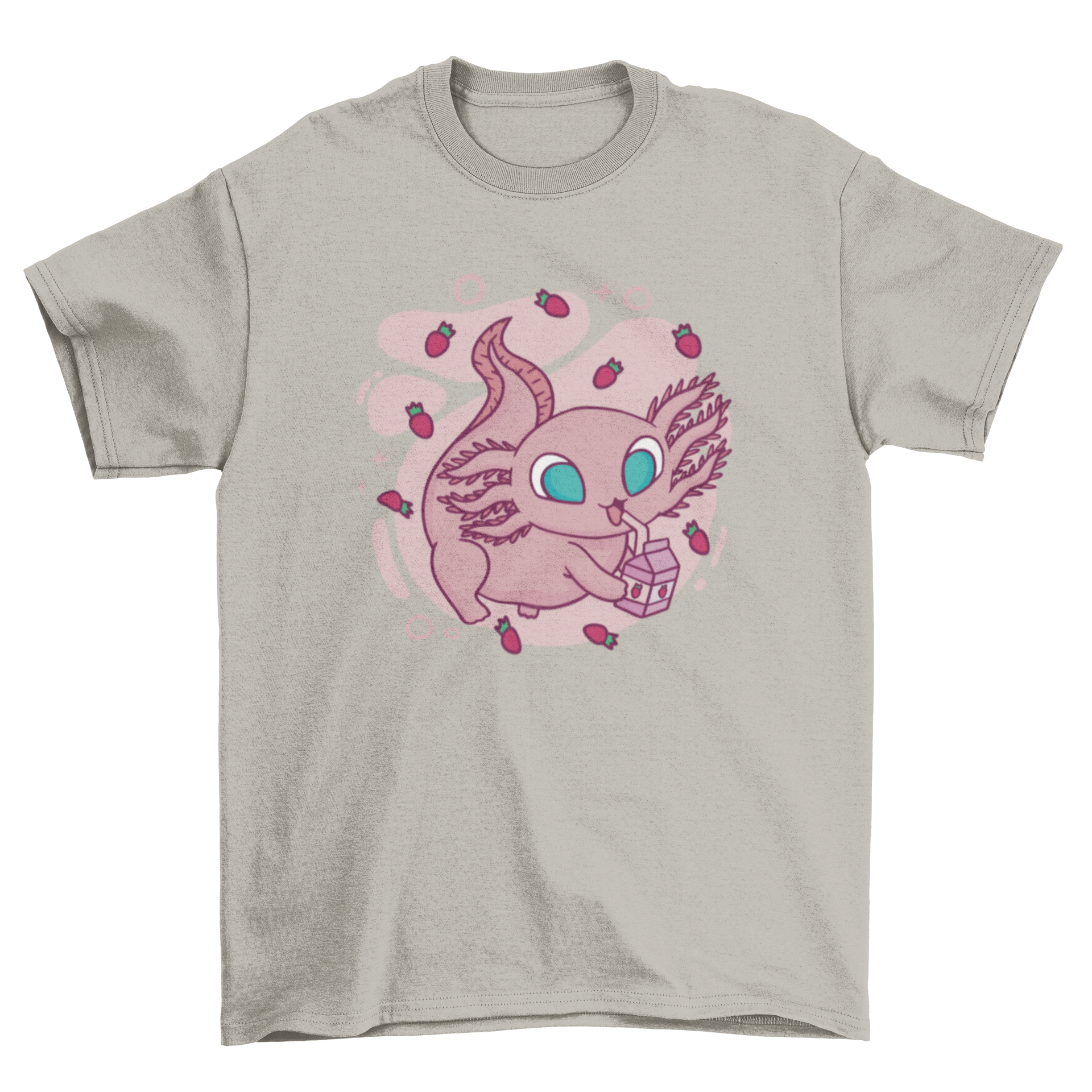 Cute axolotl character drinking strawberry milk on a t-shirt.