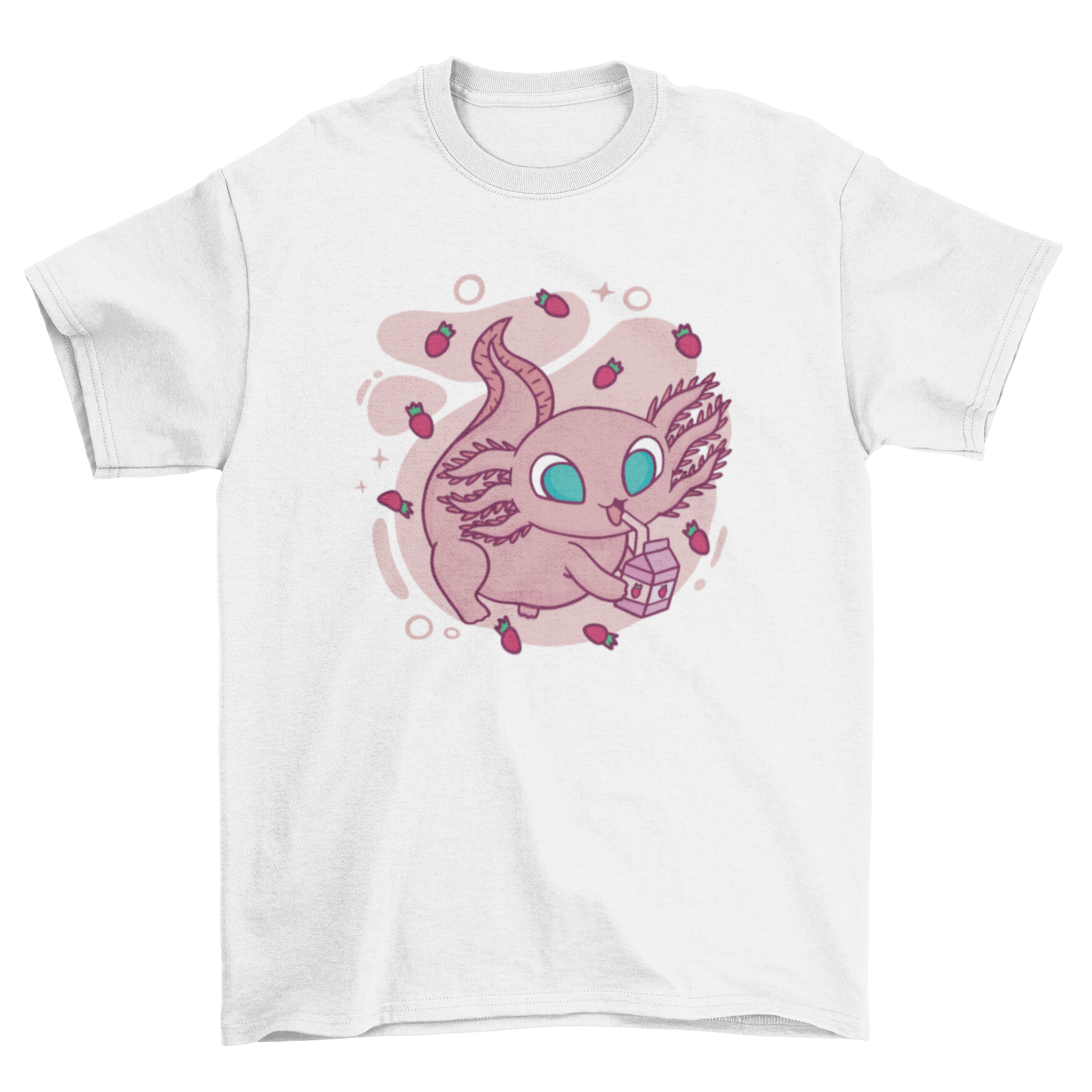 Cute axolotl character drinking strawberry milk on a t-shirt.