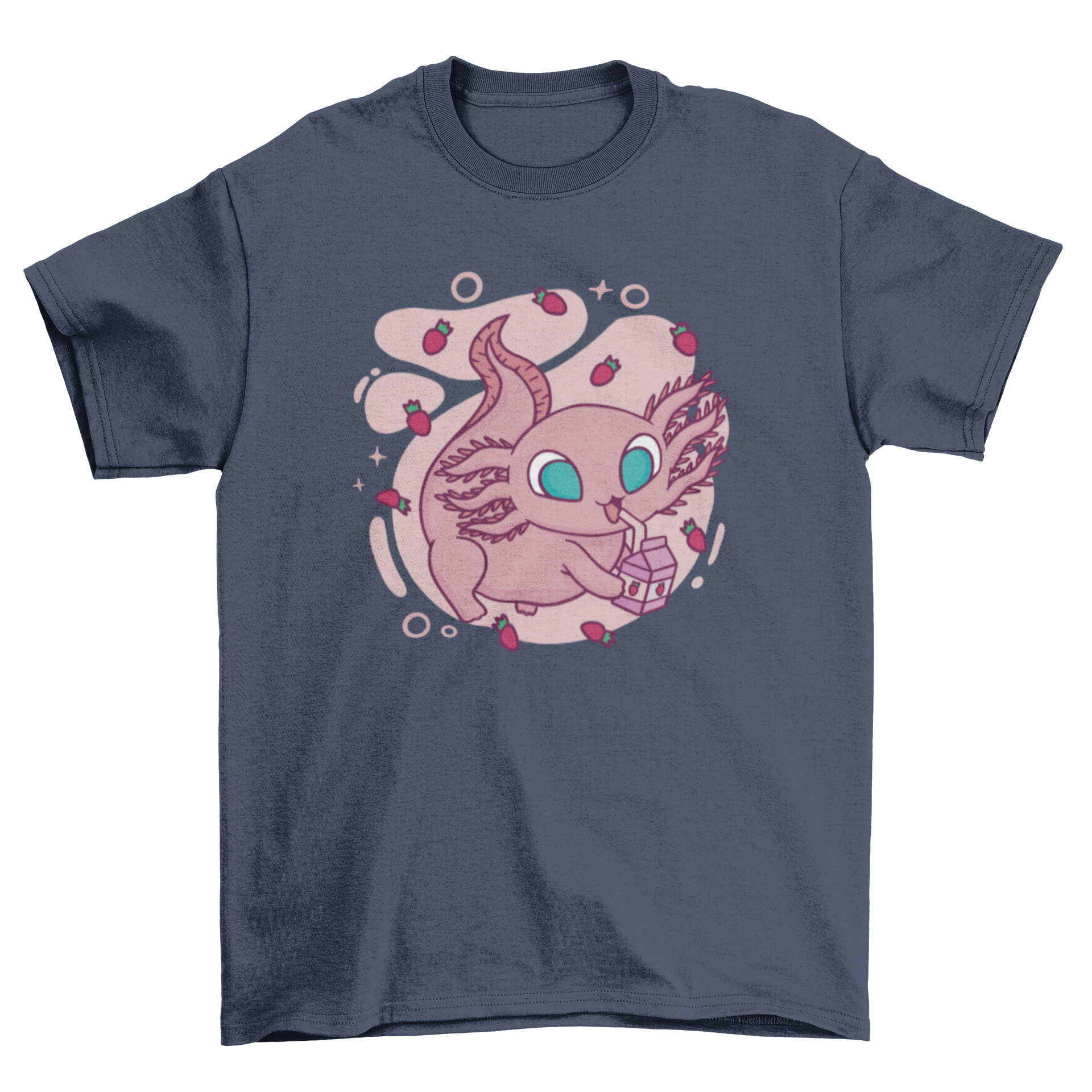 Cute axolotl character drinking strawberry milk on a t-shirt.