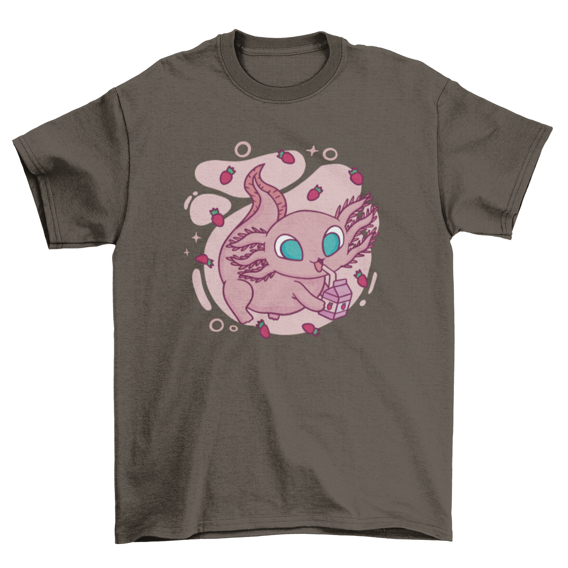 Cute axolotl character drinking strawberry milk on a t-shirt.