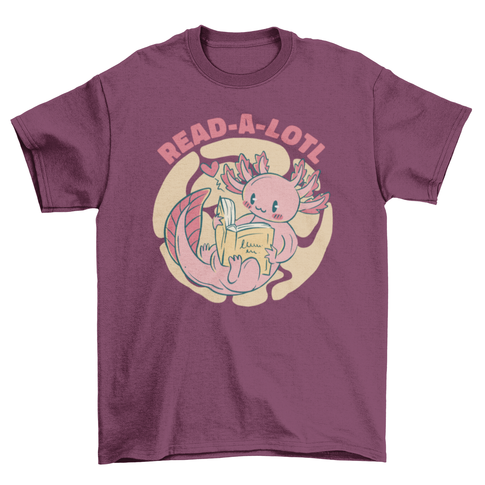 Cute axolotl reading a book with the quote 'Read-a-lotl' on a t-shirt.