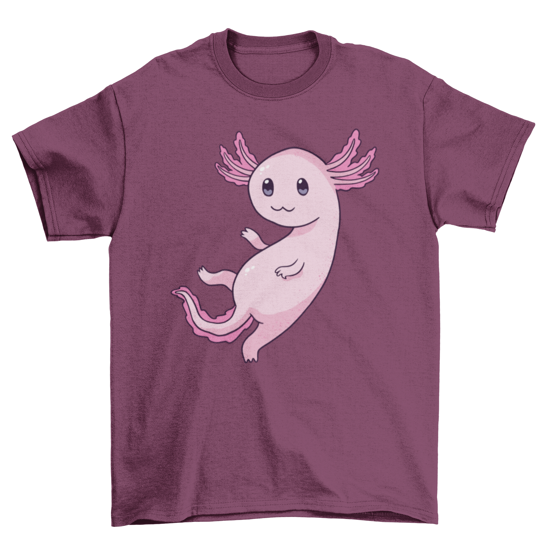 Cute pink axolotl design on a stylish T-shirt, perfect for animal lovers.