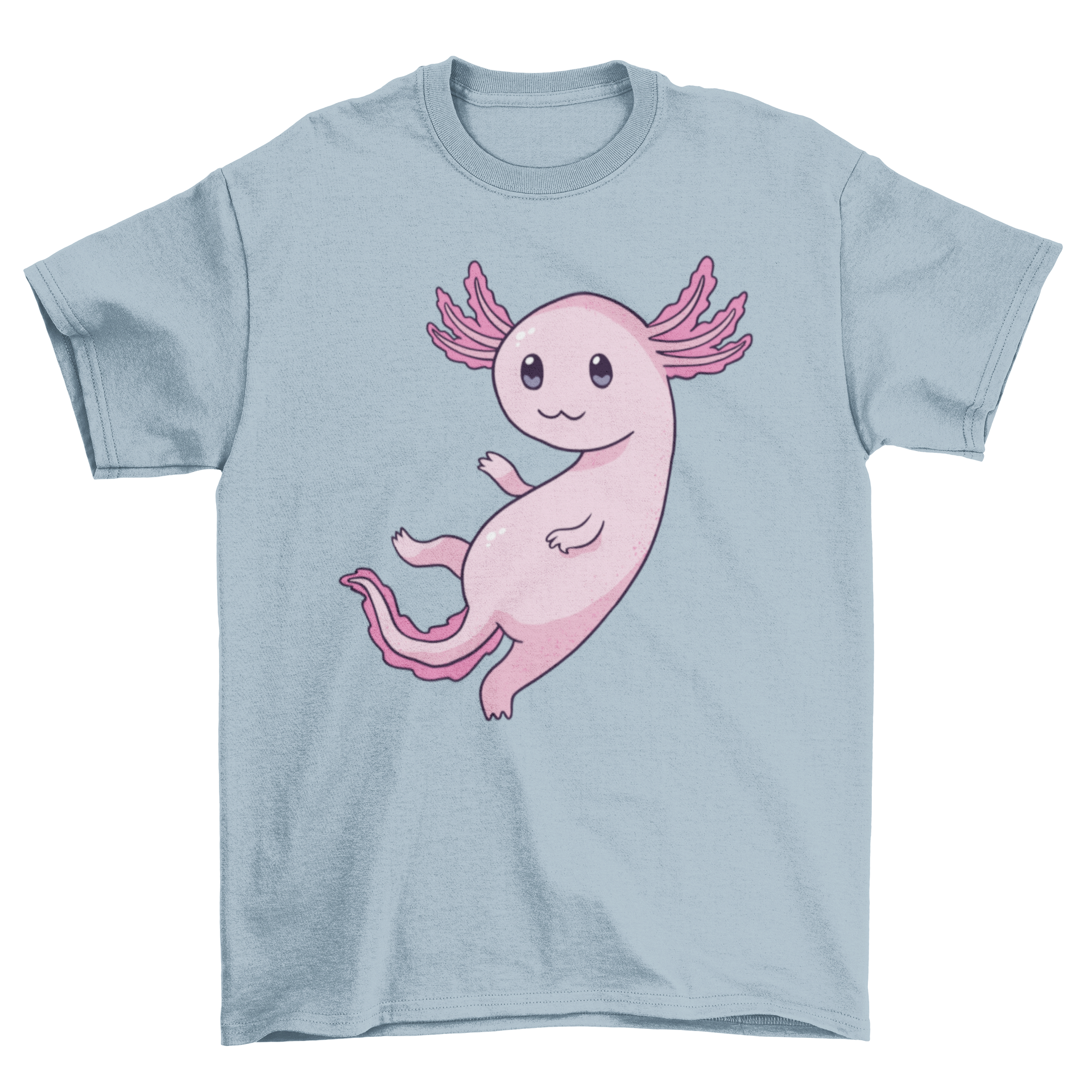 Cute pink axolotl design on a stylish T-shirt, perfect for animal lovers.