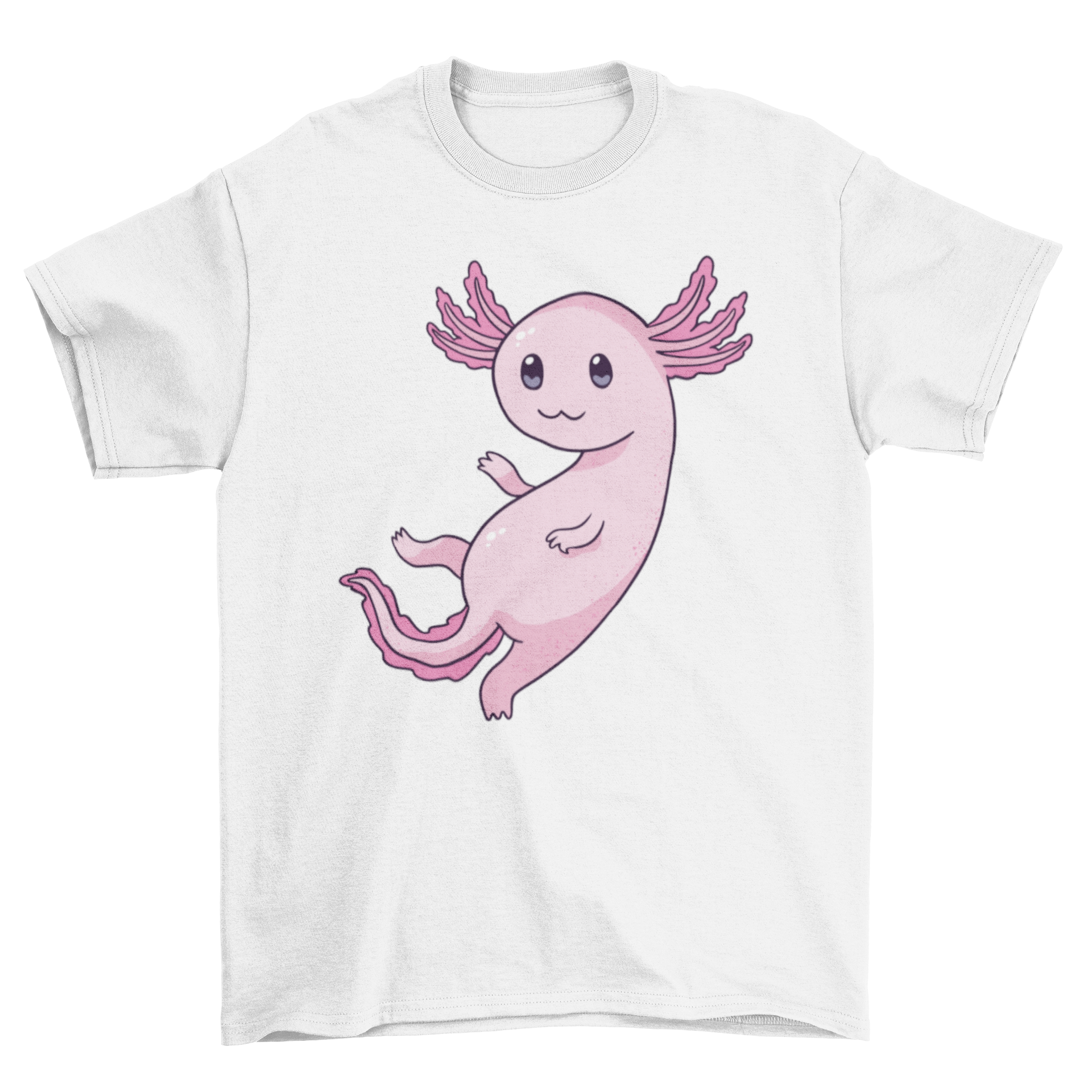 Cute pink axolotl design on a stylish T-shirt, perfect for animal lovers.