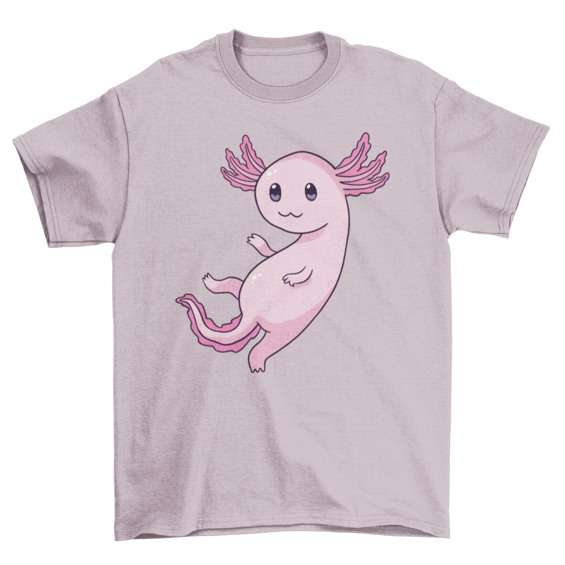 Cute pink axolotl design on a stylish T-shirt, perfect for animal lovers.