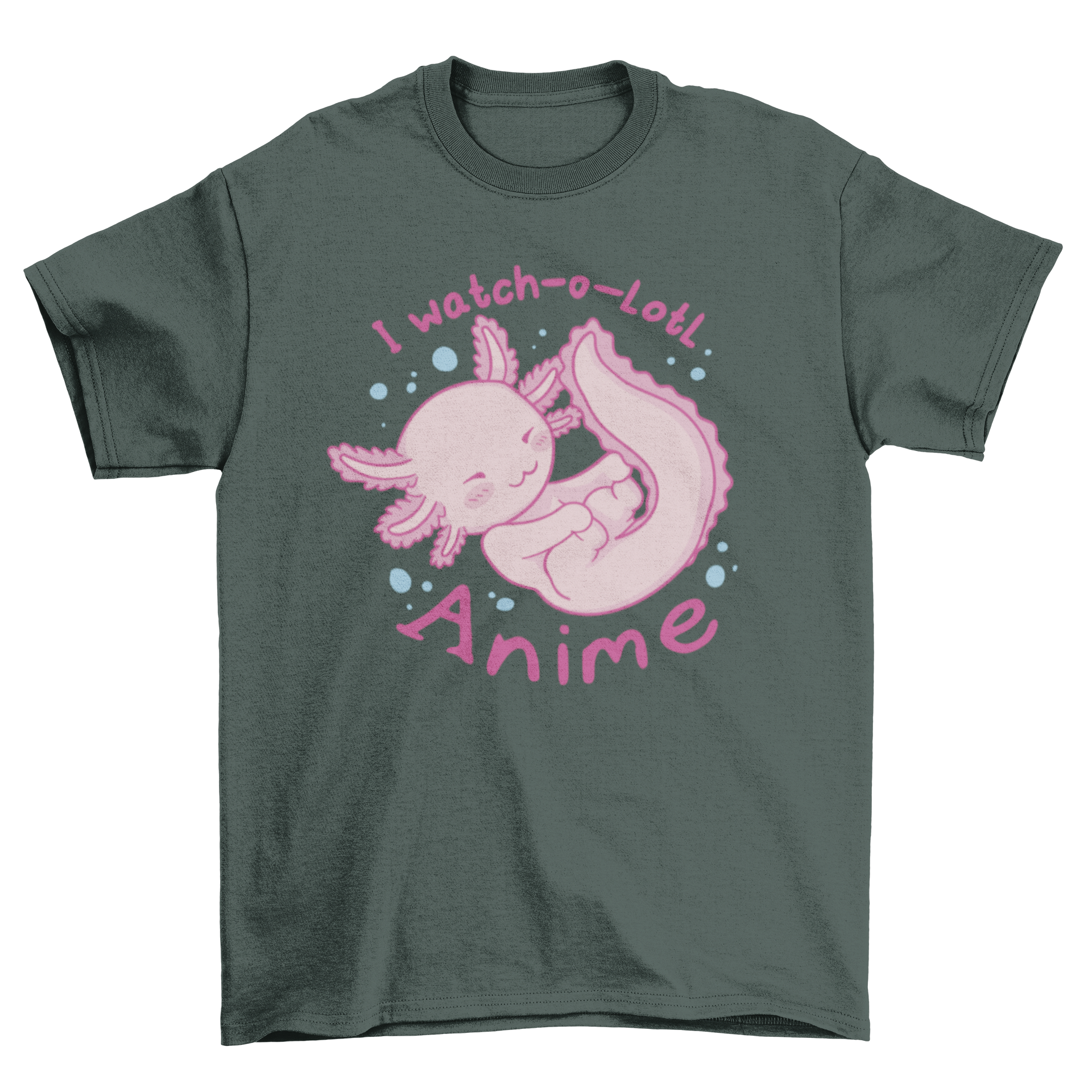 Cute baby axolotl anime t-shirt featuring a vibrant design and playful quote.