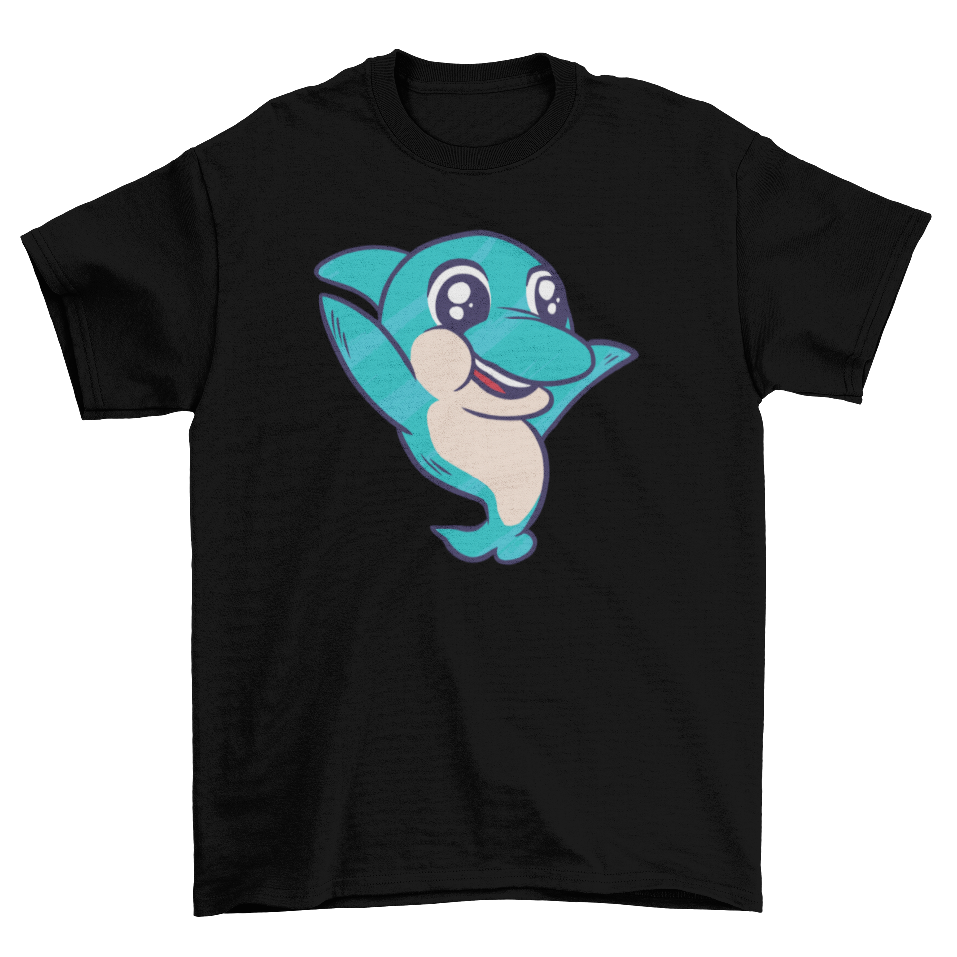 Cute baby dolphin t-shirt featuring a playful dolphin design with arms lifted, perfect for kids.