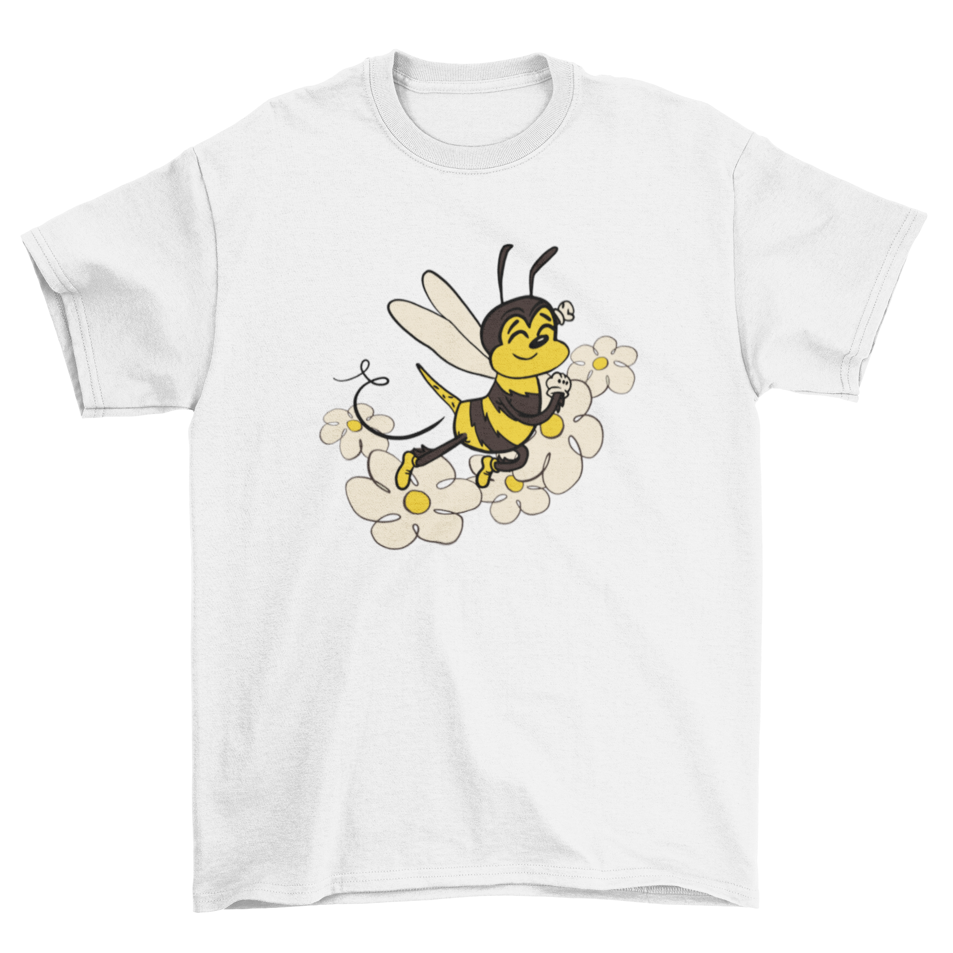 Cute t-shirt featuring a happy bee surrounded by colorful flowers, perfect for nature lovers.