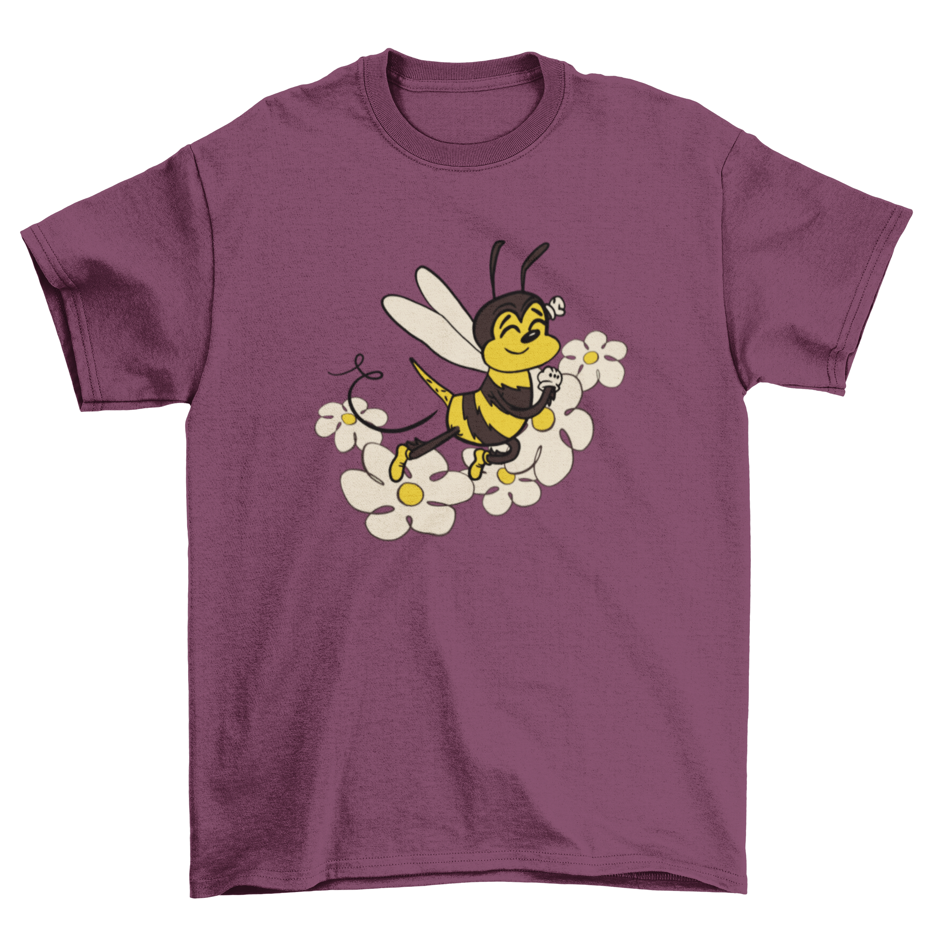 Cute t-shirt featuring a happy bee surrounded by colorful flowers, perfect for nature lovers.