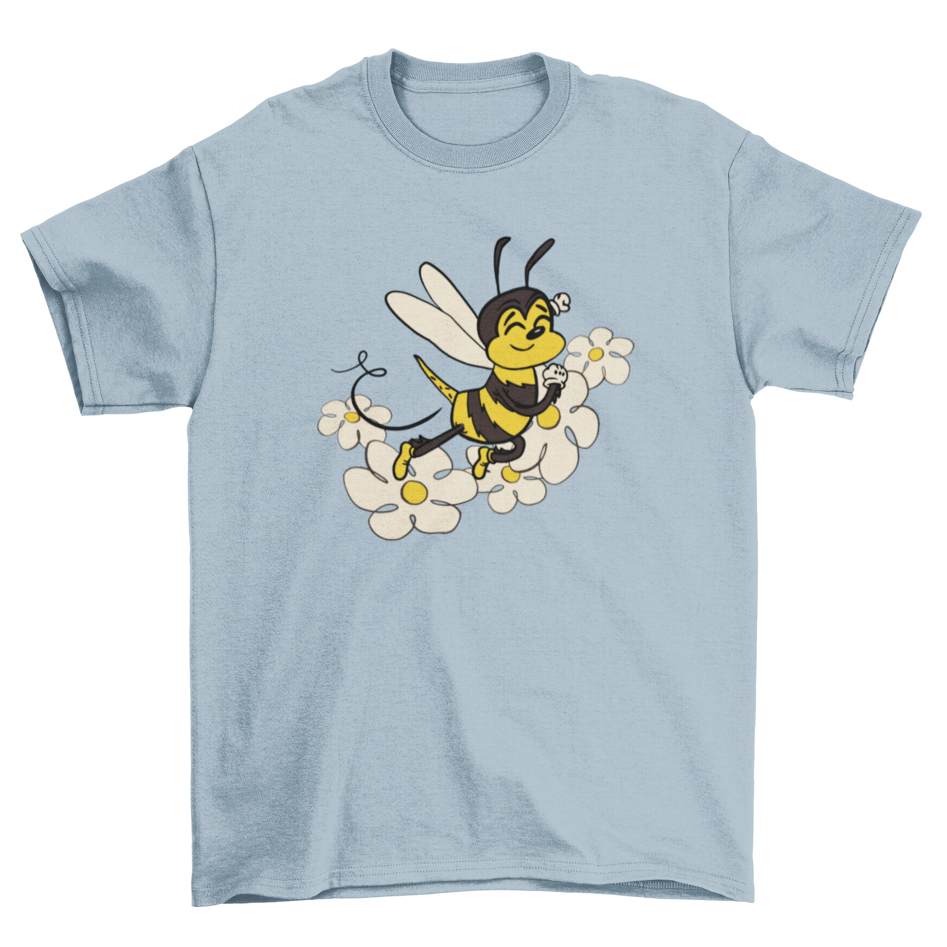 Cute t-shirt featuring a happy bee surrounded by colorful flowers, perfect for nature lovers.