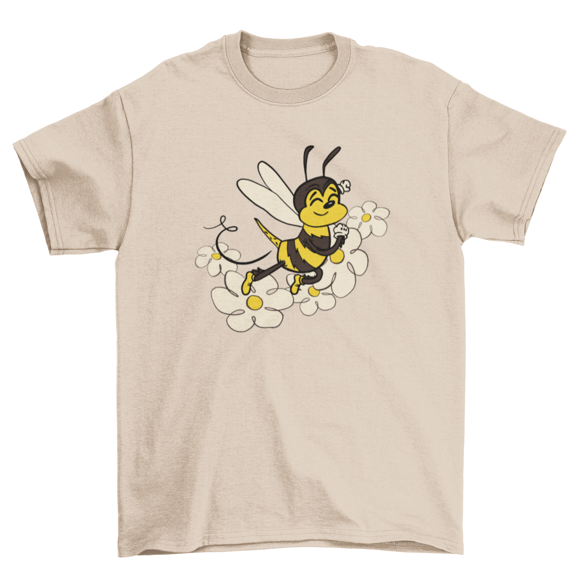 Cute t-shirt featuring a happy bee surrounded by colorful flowers, perfect for nature lovers.