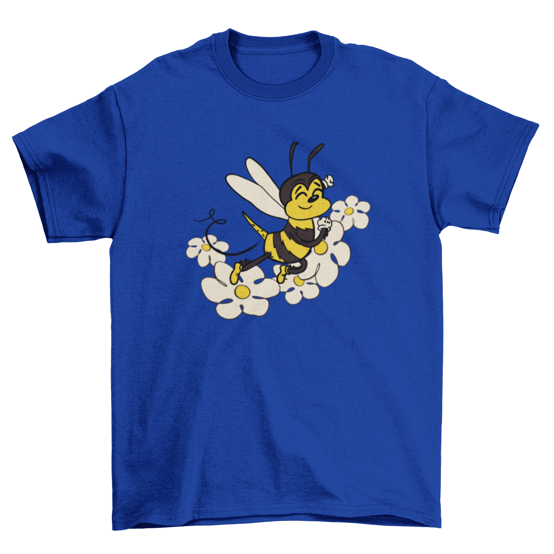 Cute t-shirt featuring a happy bee surrounded by colorful flowers, perfect for nature lovers.