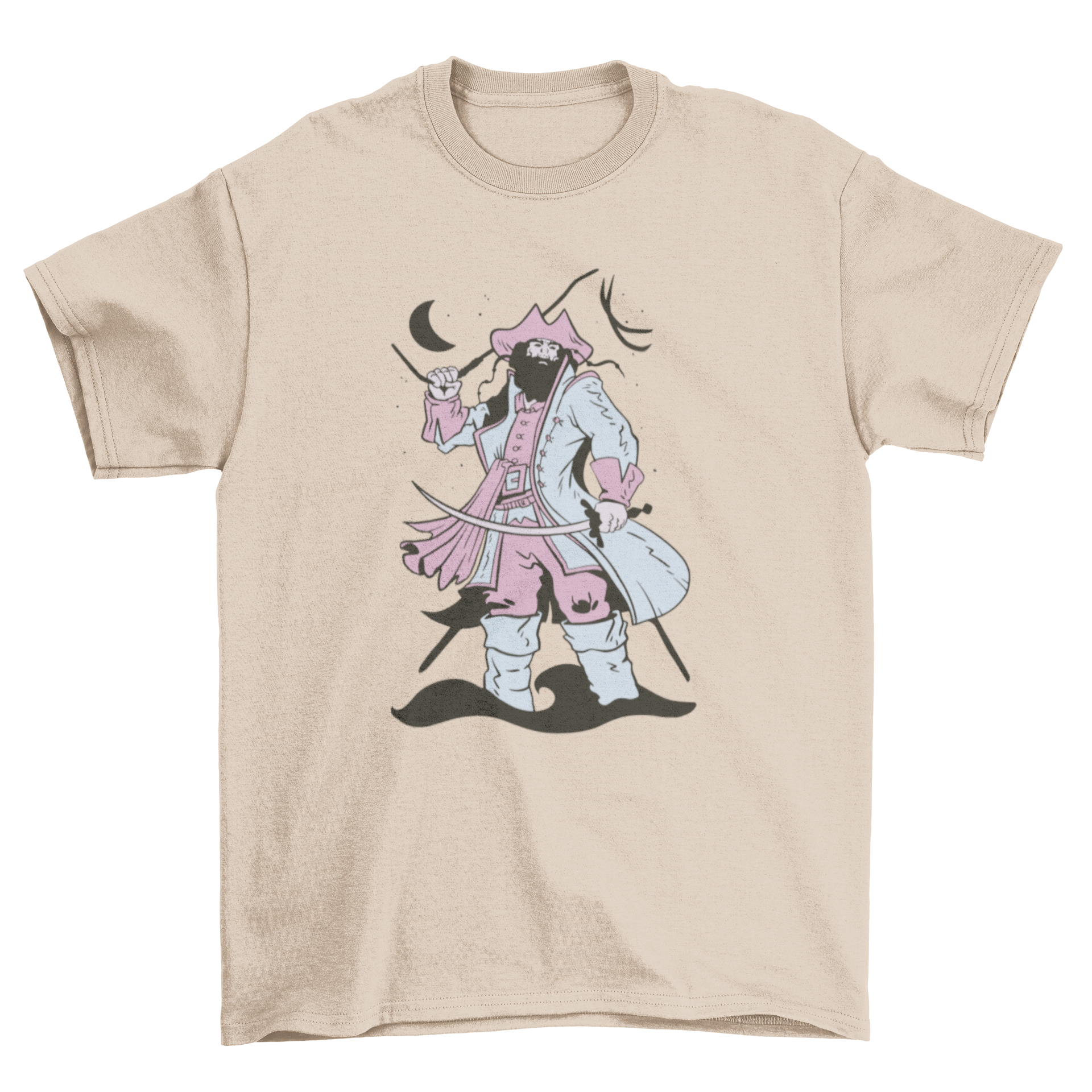 Cute bearded pirate t-shirt featuring Blackbeard in pastel clothing, showcasing a whimsical design.