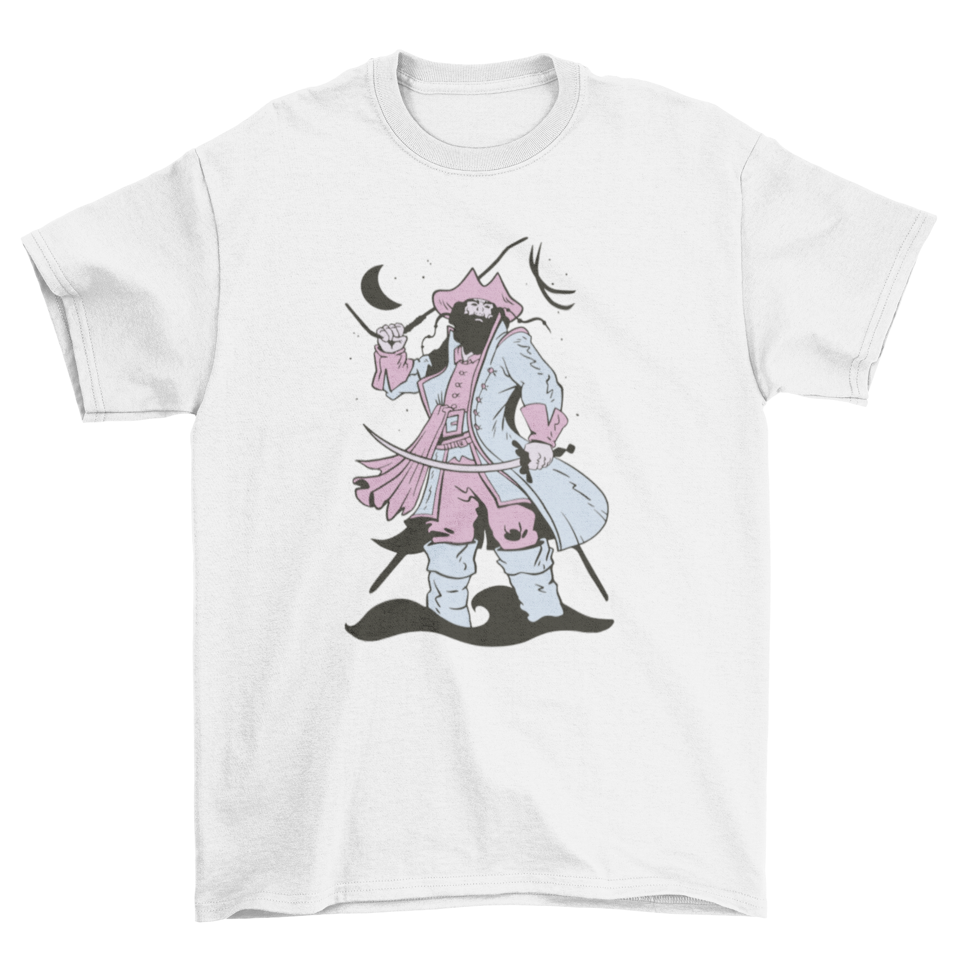 Cute bearded pirate t-shirt featuring Blackbeard in pastel clothing, showcasing a whimsical design.