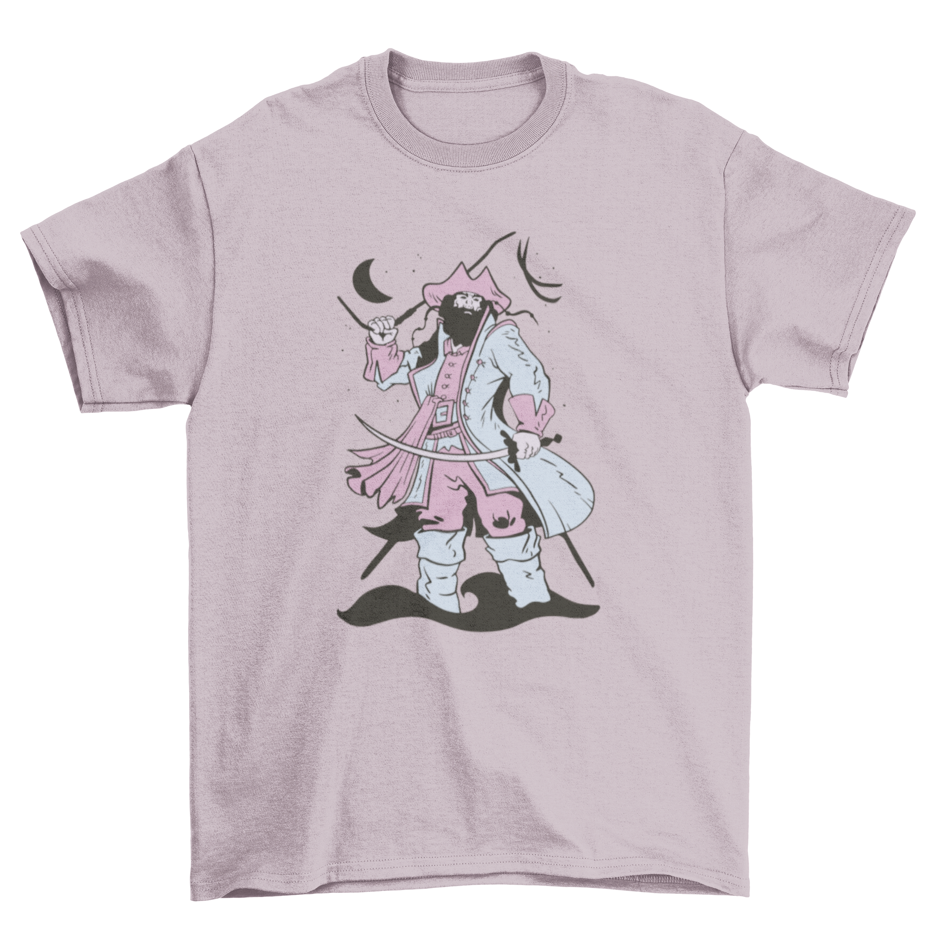 Cute bearded pirate t-shirt featuring Blackbeard in pastel clothing, showcasing a whimsical design.