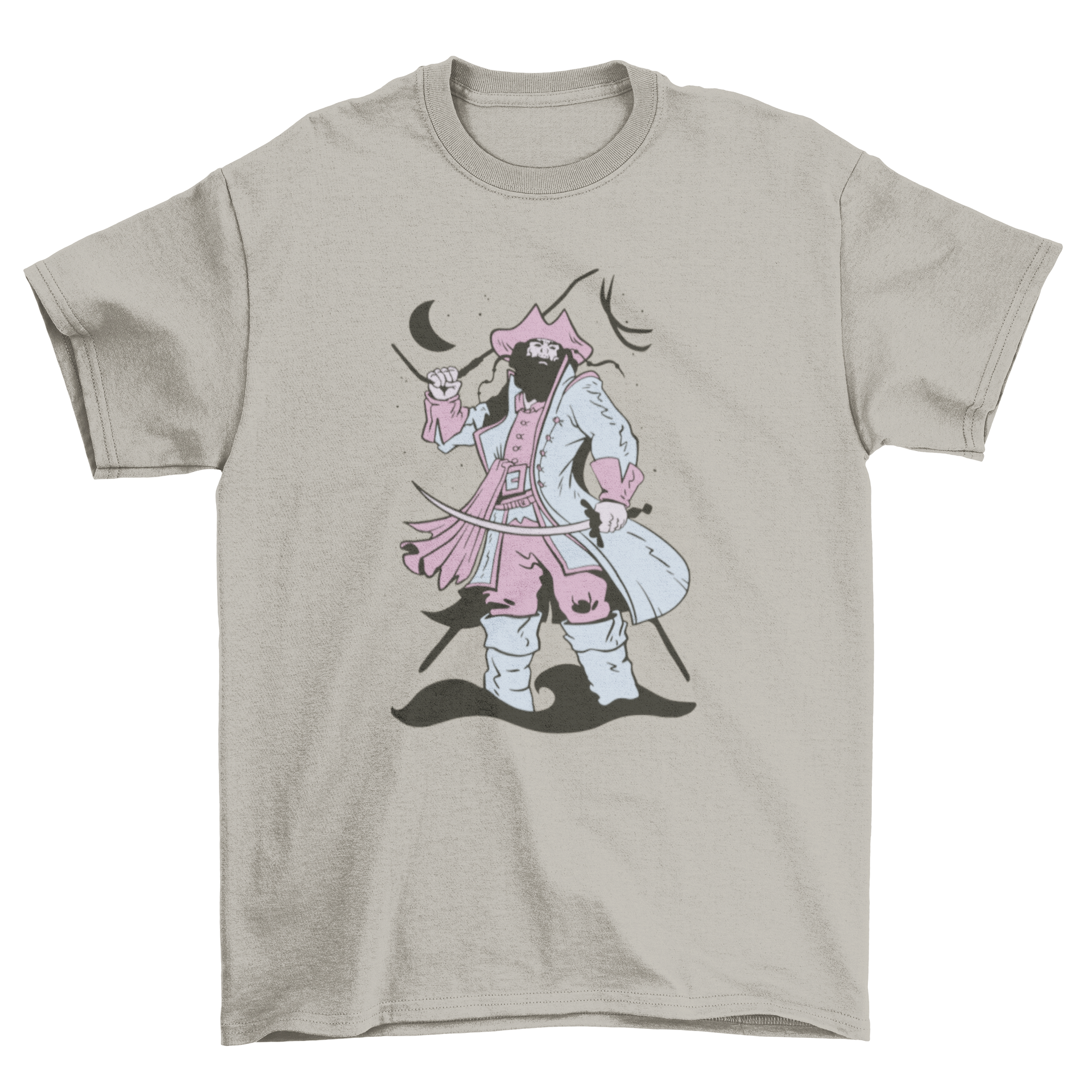 Cute bearded pirate t-shirt featuring Blackbeard in pastel clothing, showcasing a whimsical design.