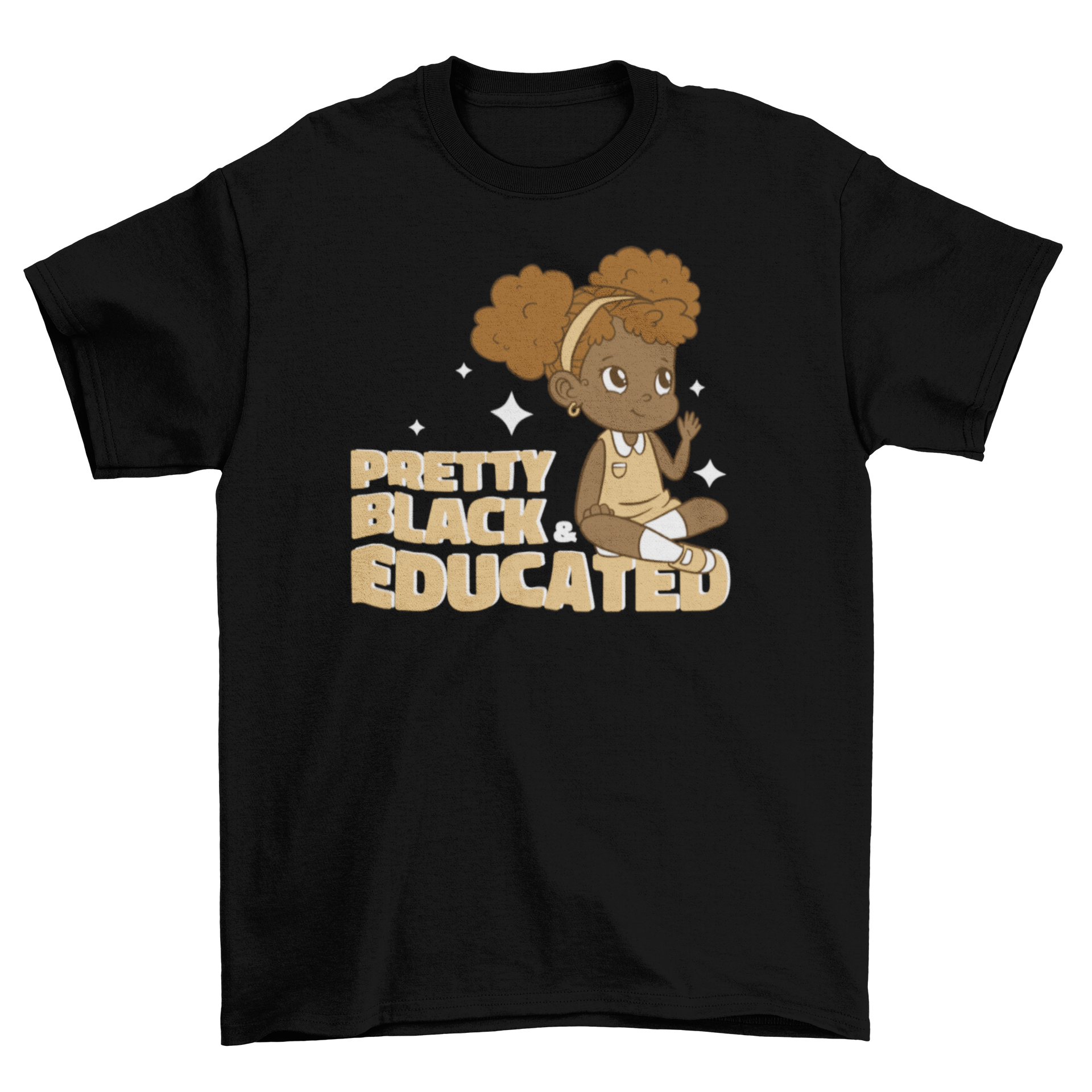 Cute black girl t-shirt featuring a little girl and the quote 'Pretty, black and educated' in vibrant colors.