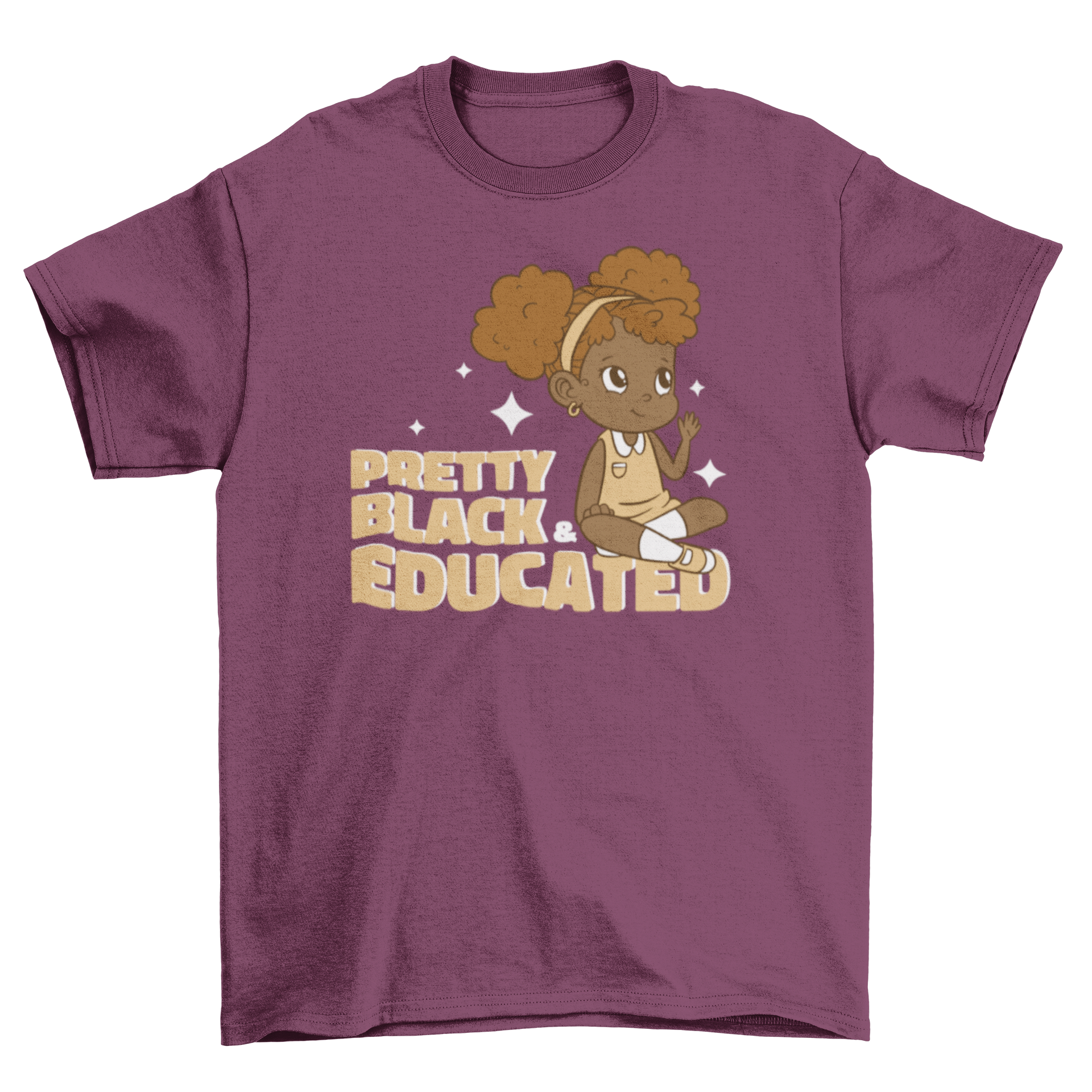 Cute black girl t-shirt featuring a little girl and the quote 'Pretty, black and educated' in vibrant colors.