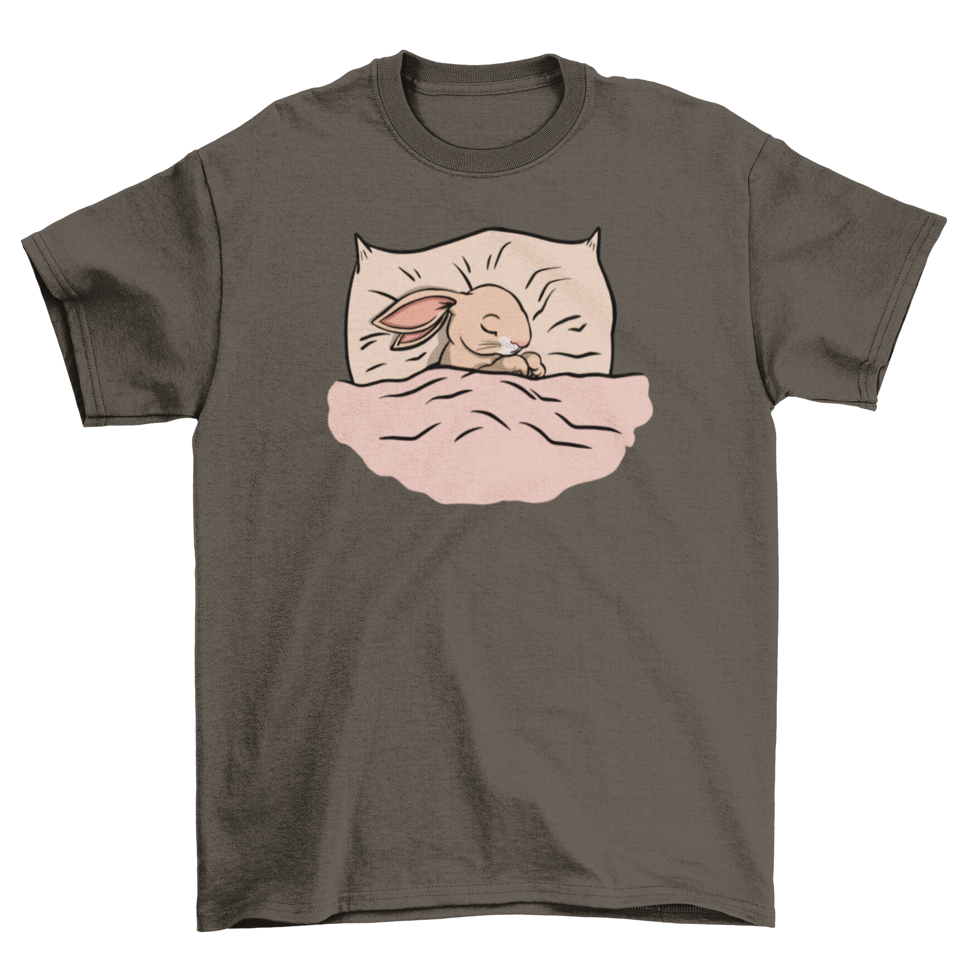 Cute bunny sleeping on a pillow under a blanket, featured on a t-shirt.