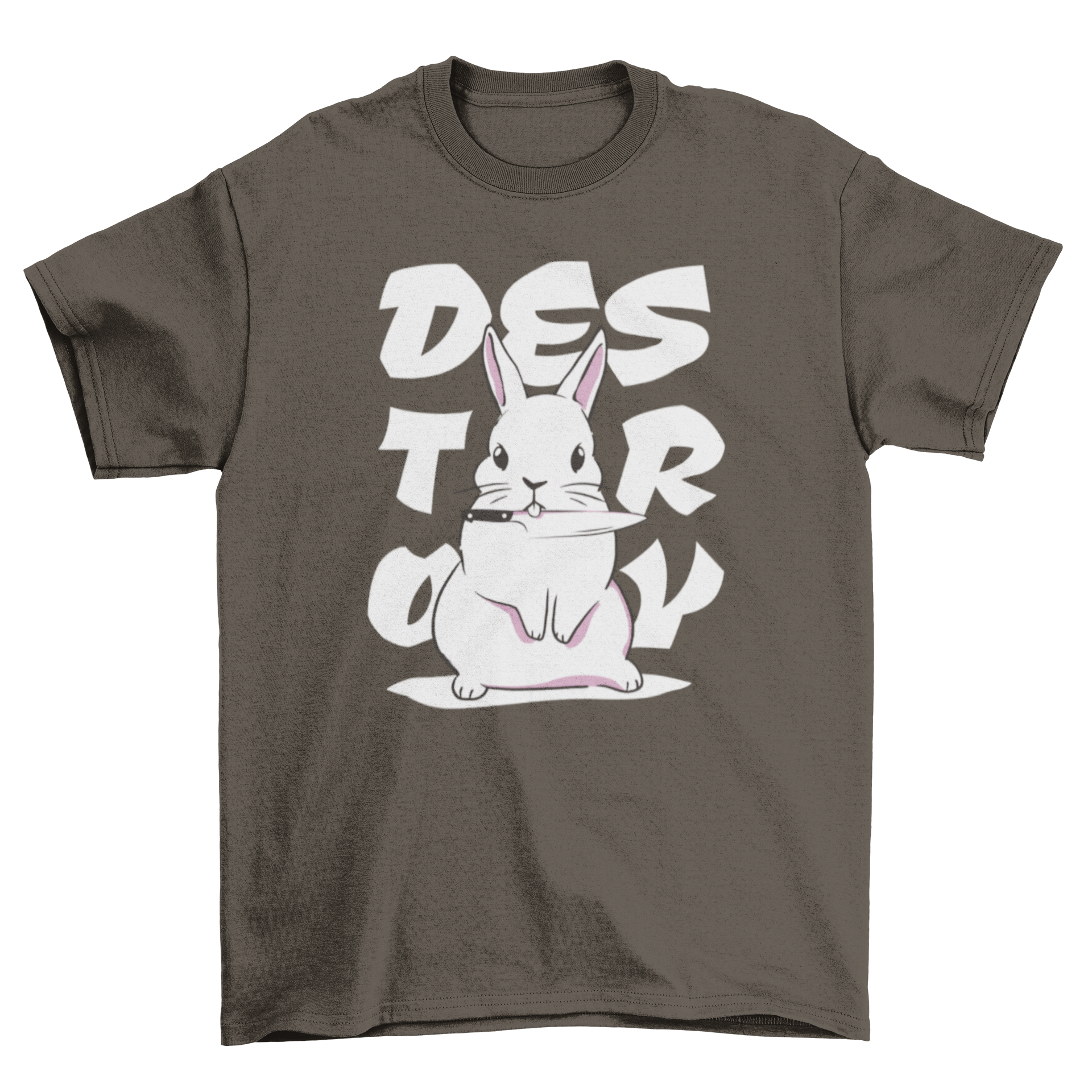 Cute bunny holding a knife with the quote 'Destroy' on a stylish t-shirt.