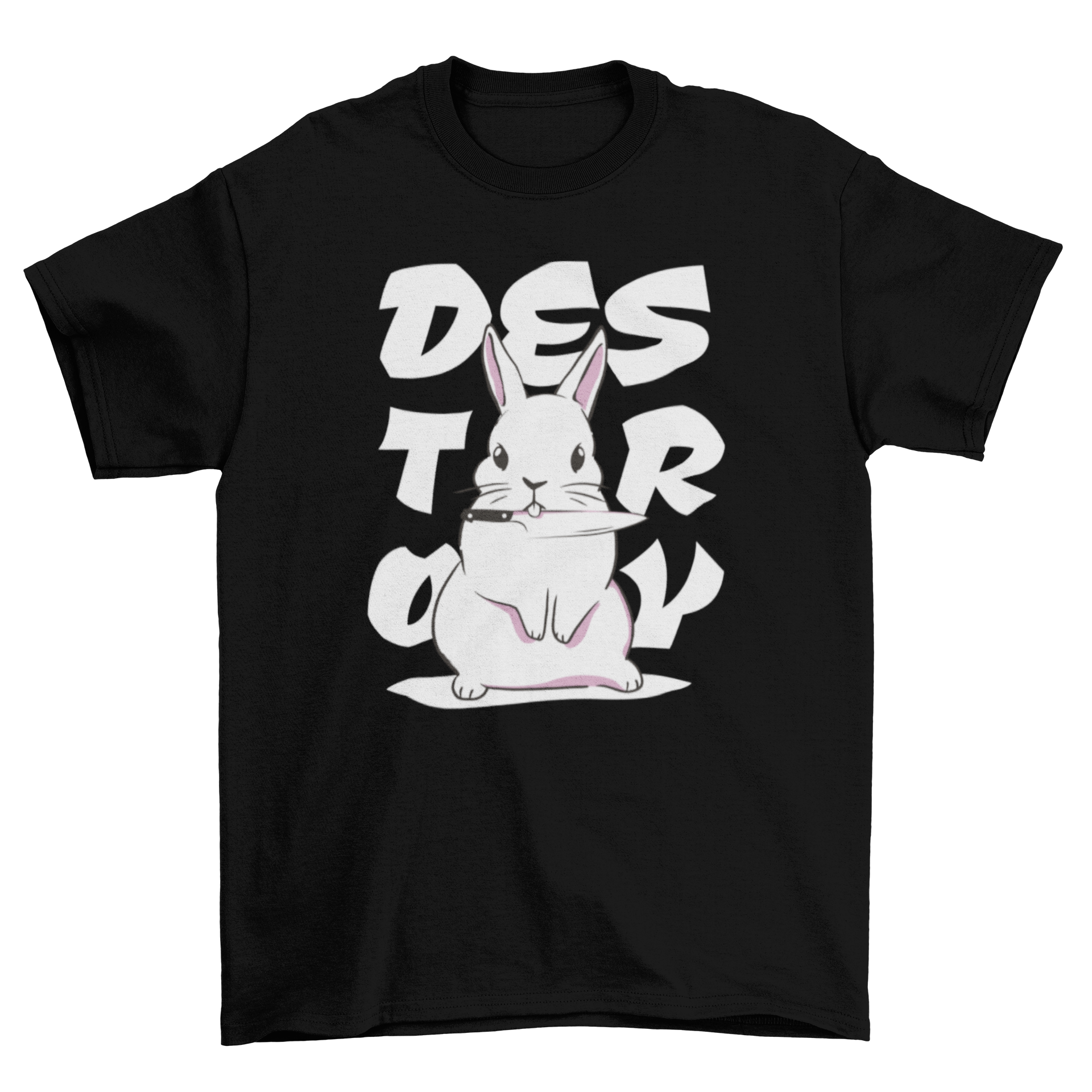 Cute bunny holding a knife with the quote 'Destroy' on a stylish t-shirt.