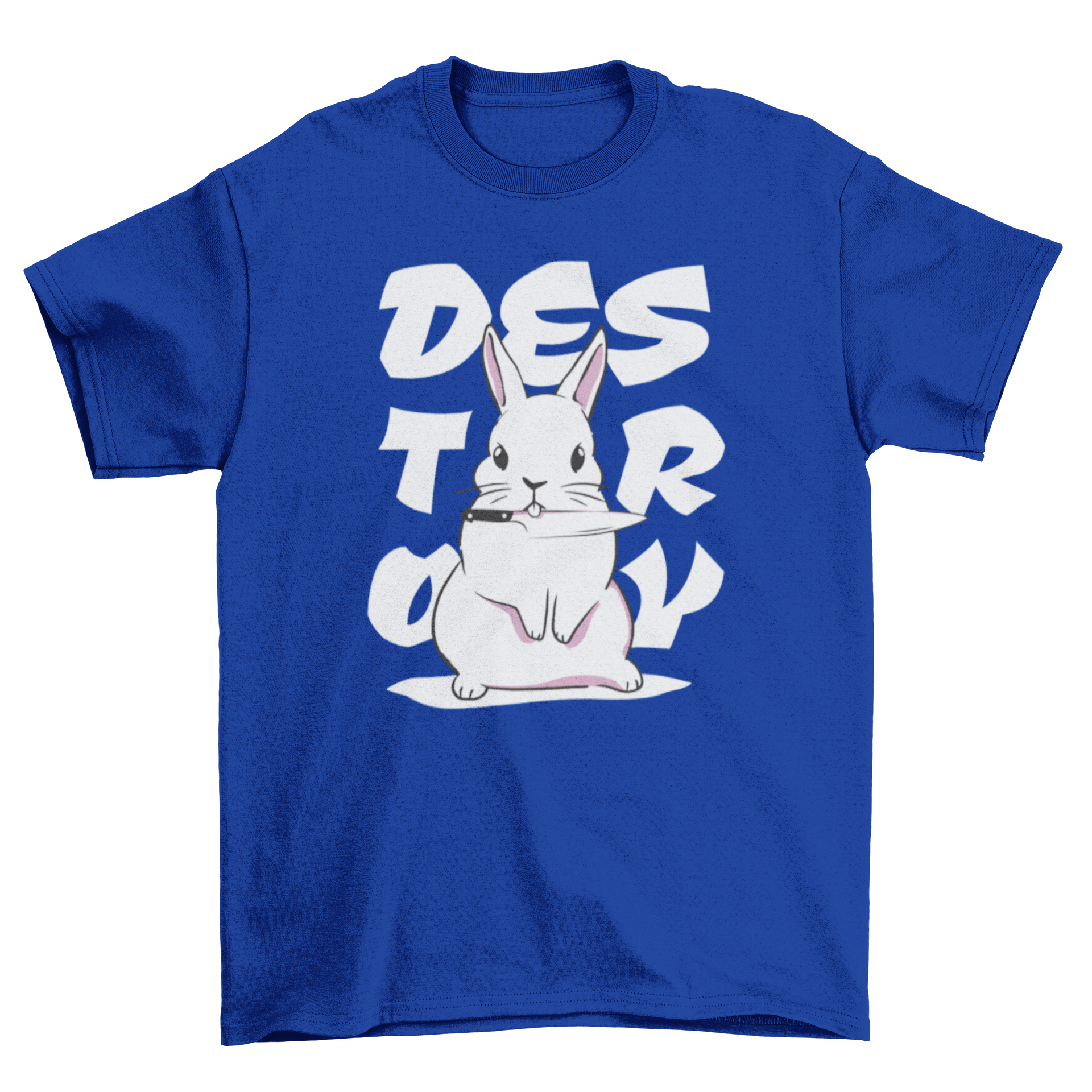 Cute bunny holding a knife with the quote 'Destroy' on a stylish t-shirt.