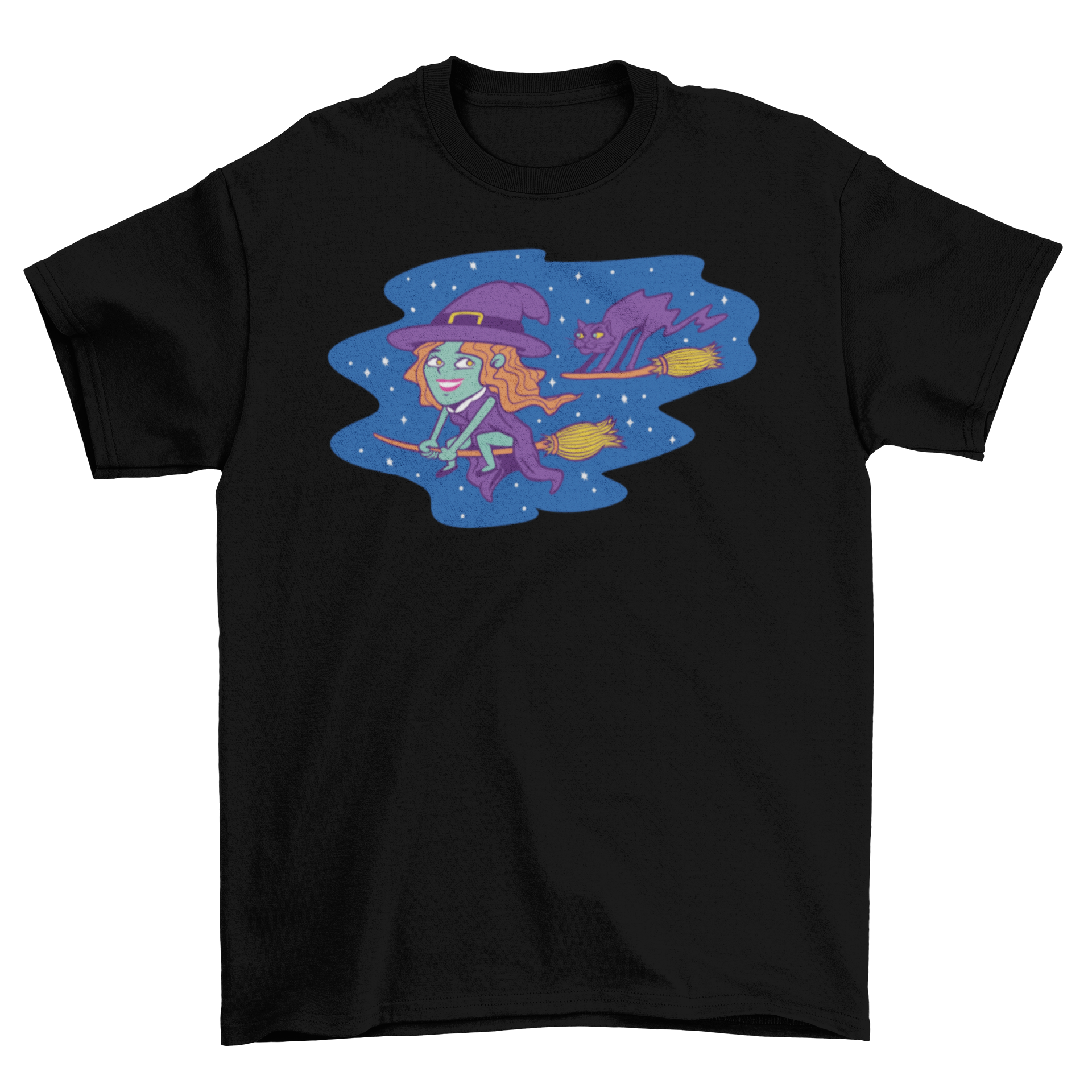 Cute cartoon witch flying on a broomstick with a black cat, colorful t-shirt design.