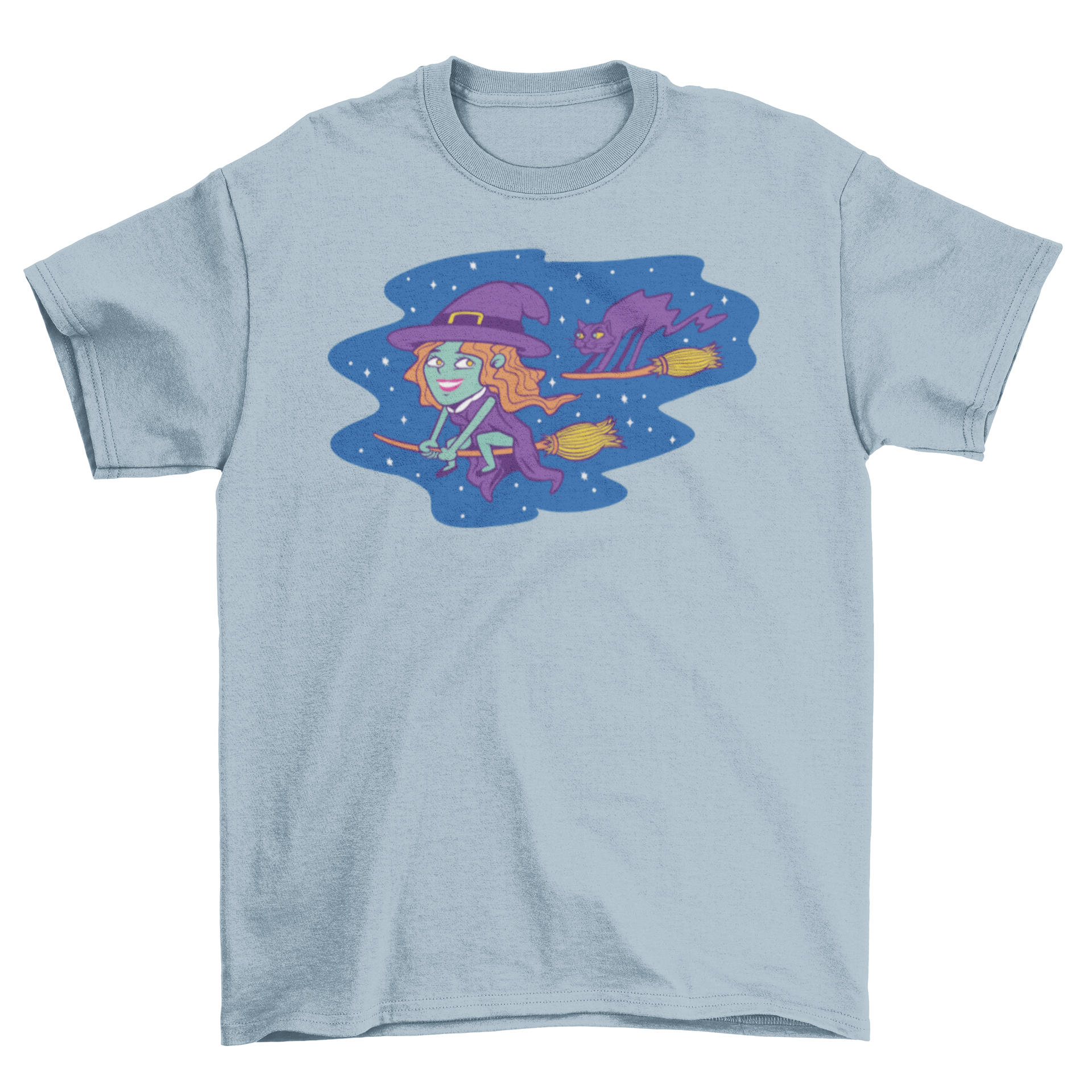 Cute cartoon witch flying on a broomstick with a black cat, colorful t-shirt design.