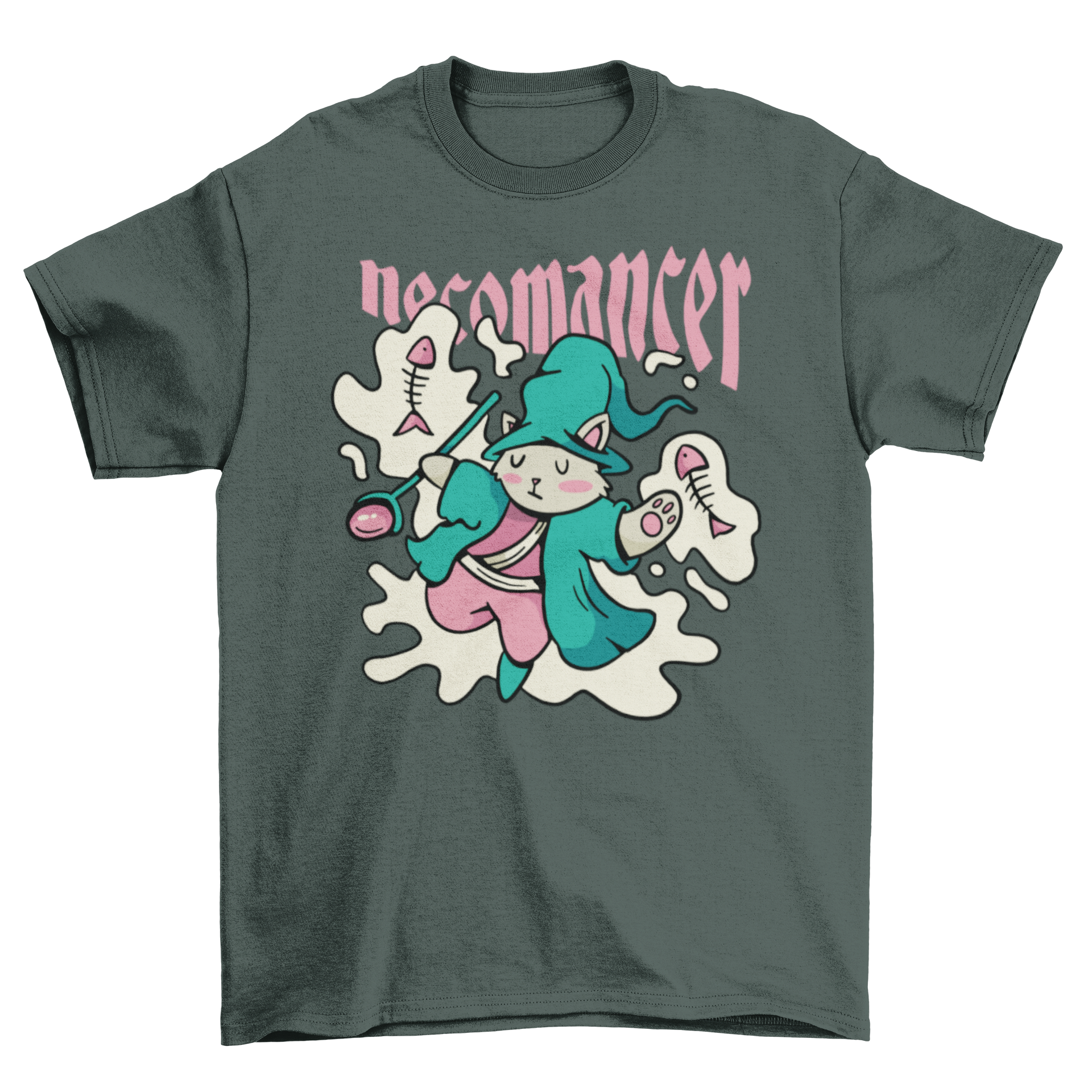 Cute cartoon wizard cat t-shirt featuring a whimsical design with the quote 'Necomancer'.