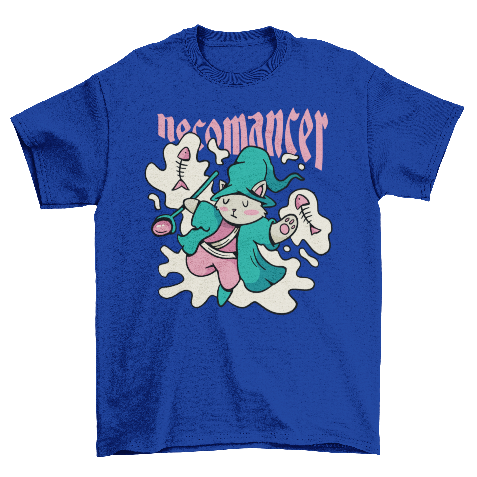 Cute cartoon wizard cat t-shirt featuring a whimsical design with the quote 'Necomancer'.