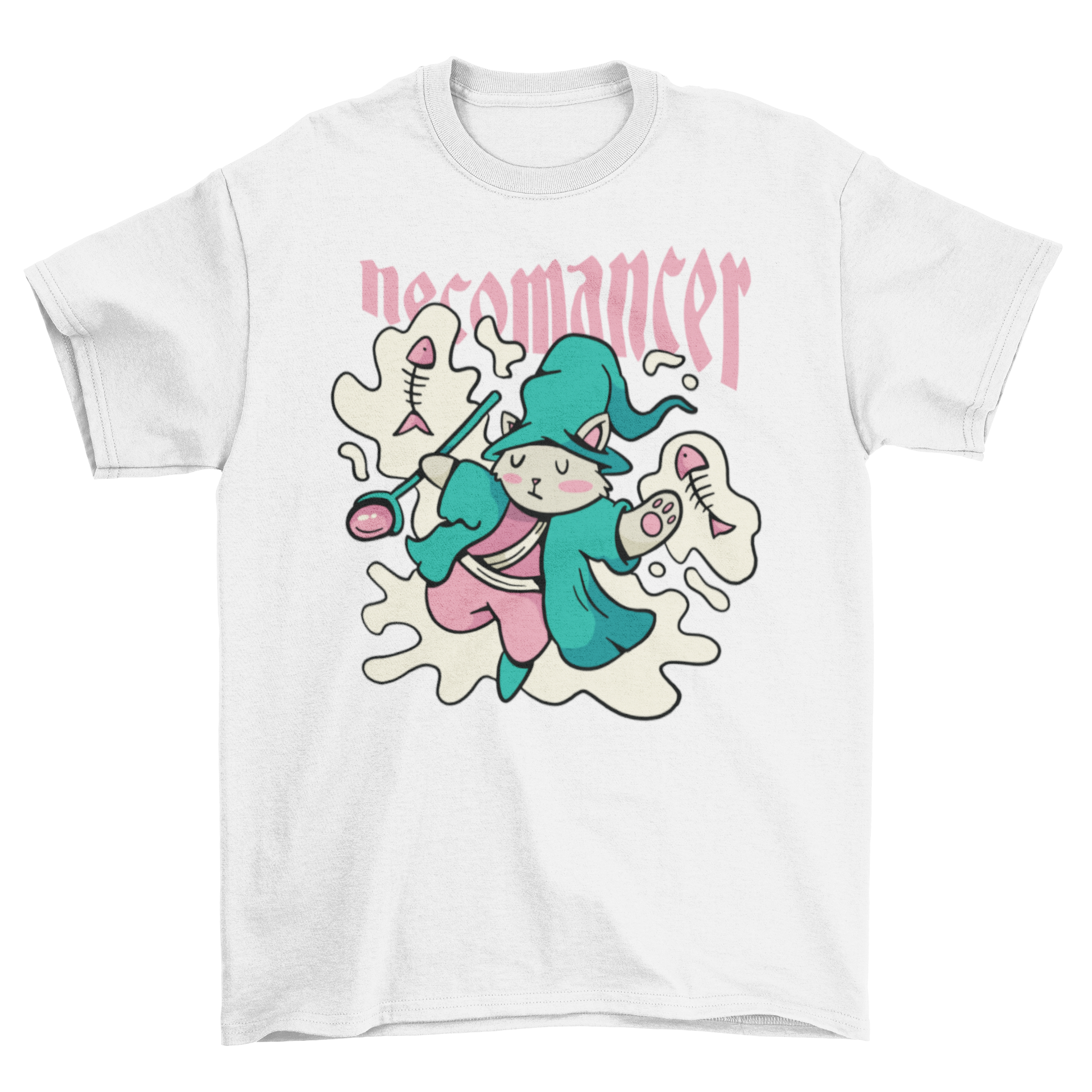 Cute cartoon wizard cat t-shirt featuring a whimsical design with the quote 'Necomancer'.