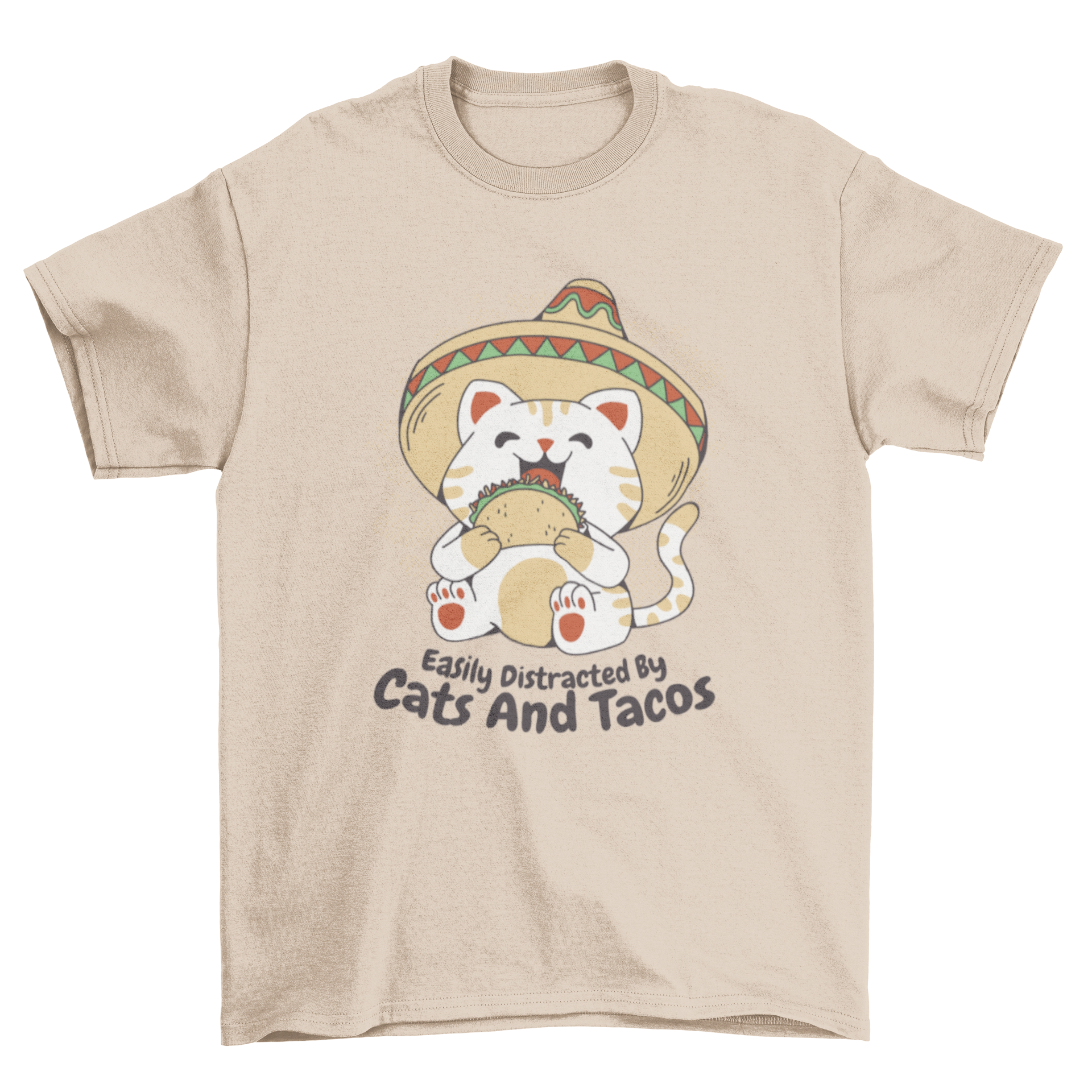 A cute cartoon cat wearing a sombrero and eating a taco, featured on a t-shirt with a playful quote.