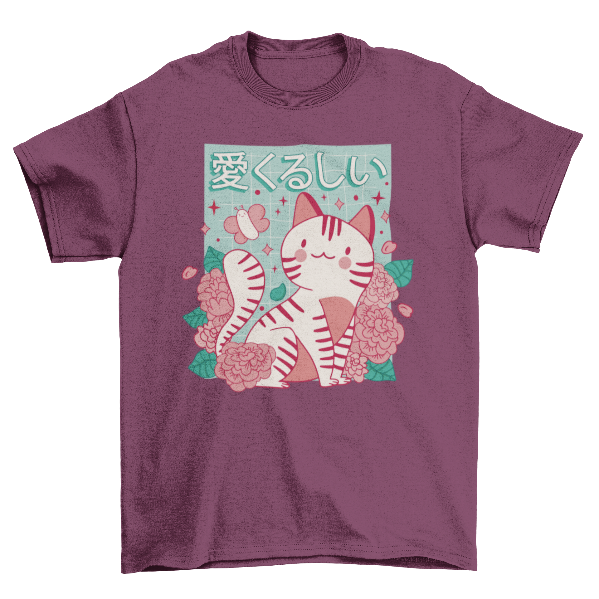 Cute t-shirt featuring a cat surrounded by roses with a Japanese quote meaning 'Lovely'.