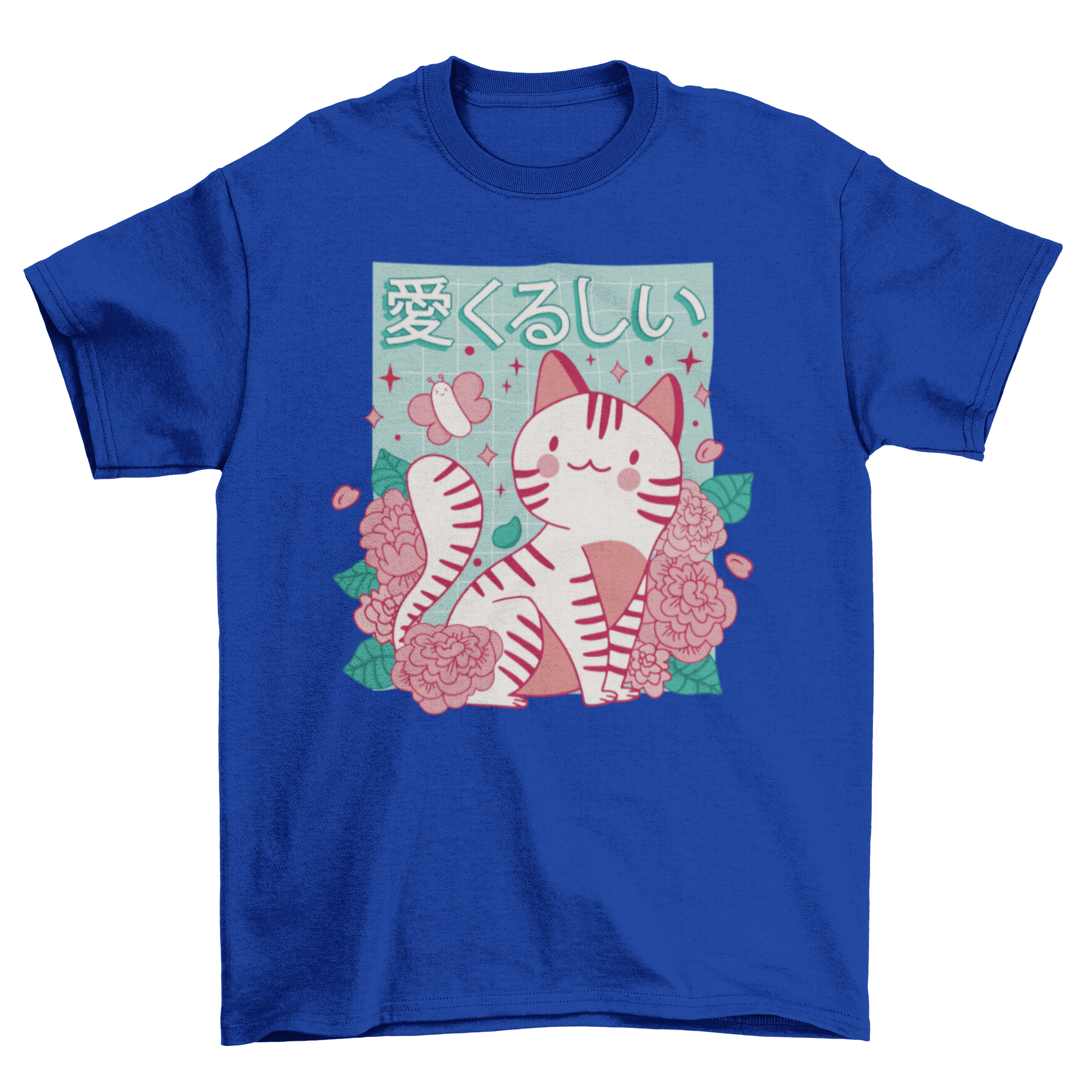 Cute t-shirt featuring a cat surrounded by roses with a Japanese quote meaning 'Lovely'.