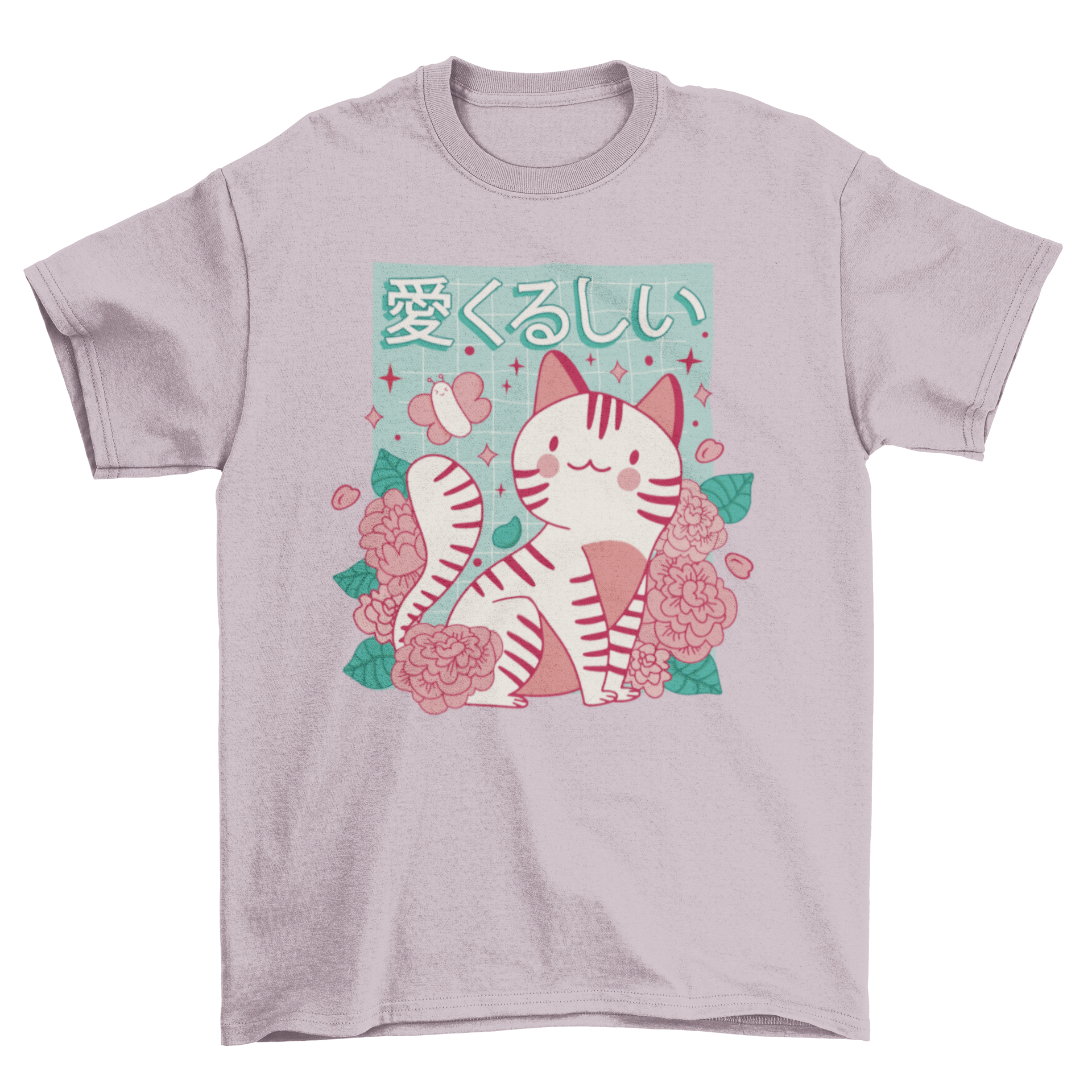 Cute t-shirt featuring a cat surrounded by roses with a Japanese quote meaning 'Lovely'.